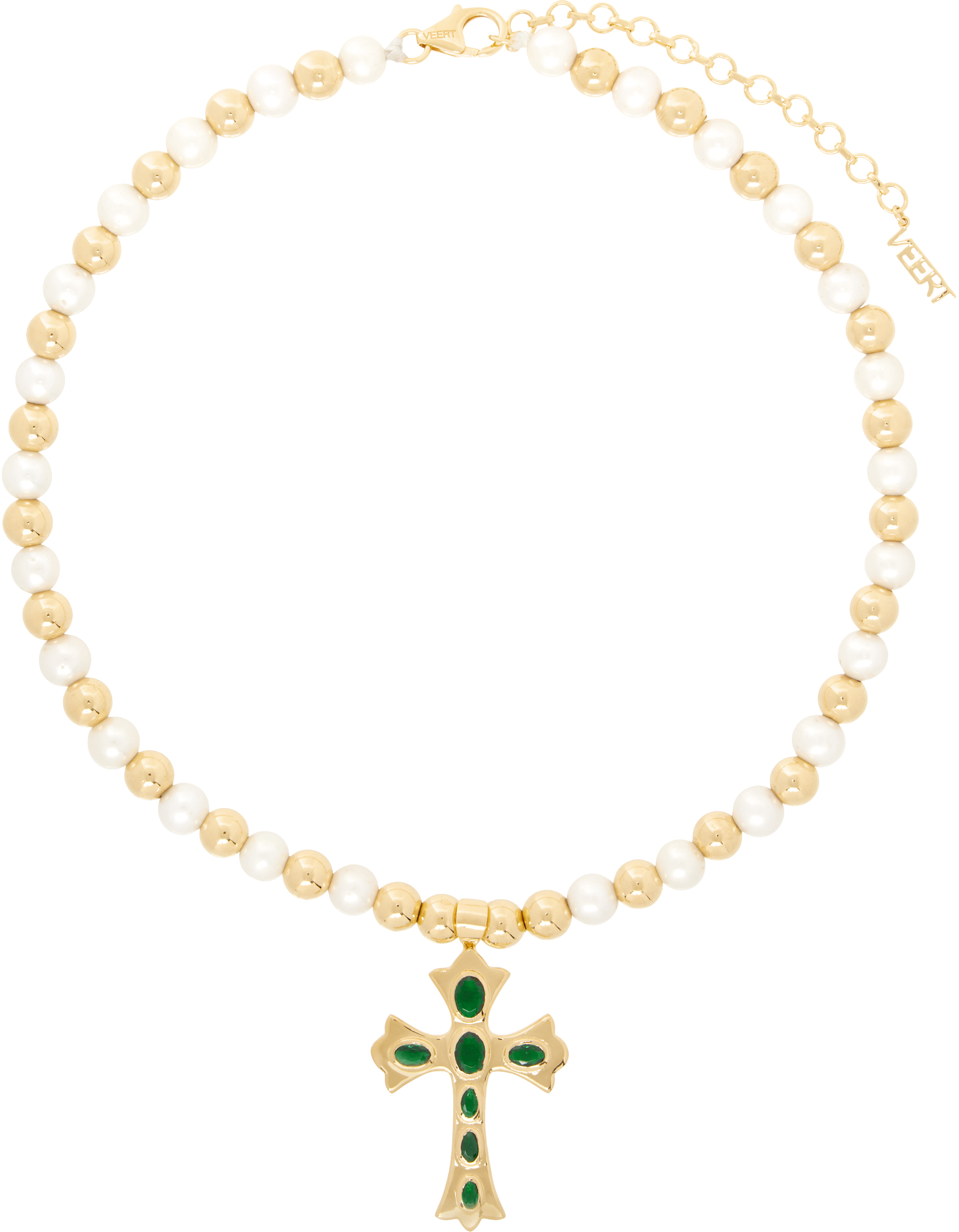 Veert Gold & White 'the Green Cross Freshwater Pearl' Necklace In Yellow Gold/green