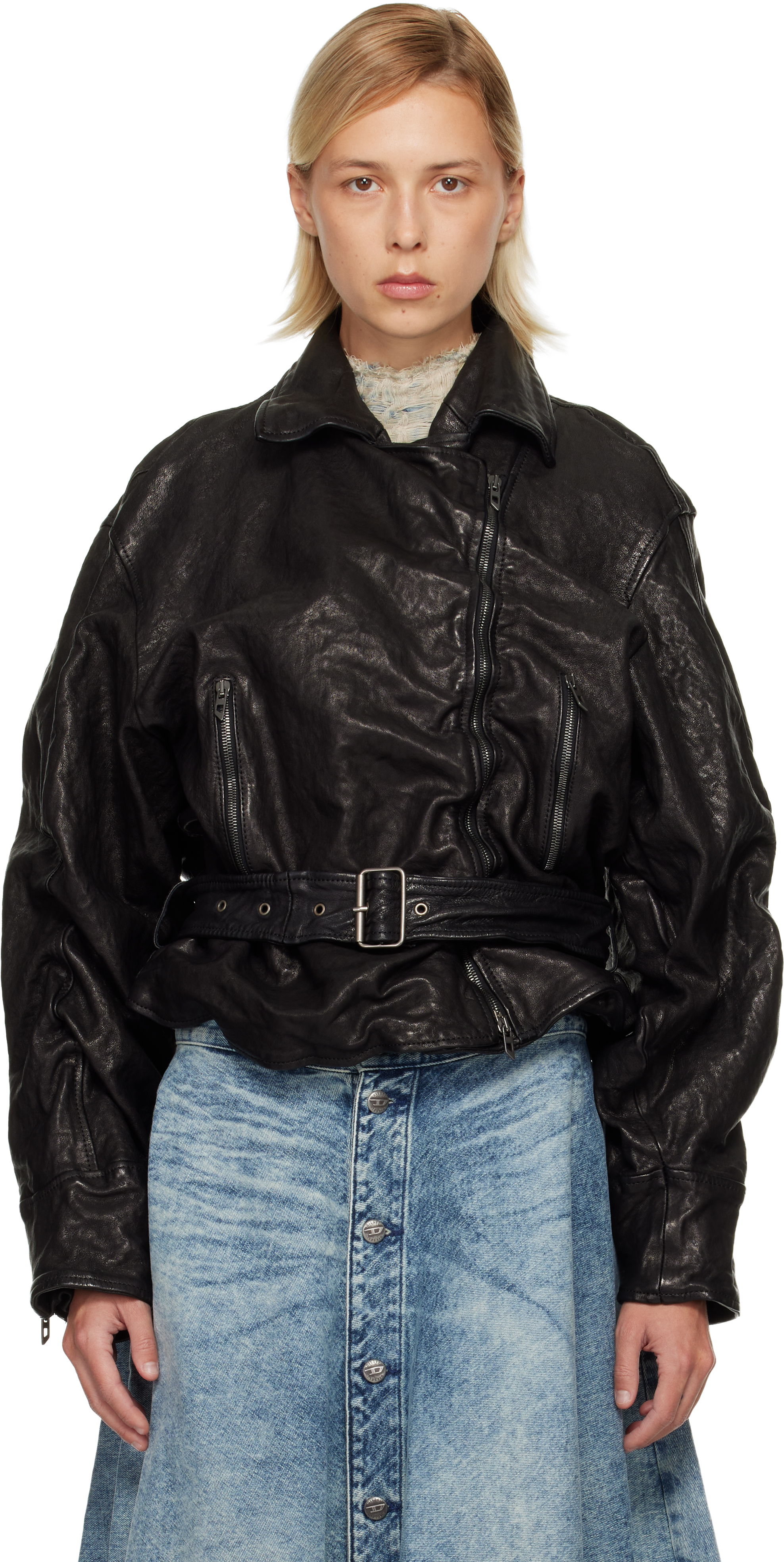 Diesel Black L-oys Leather Bomber Jacket