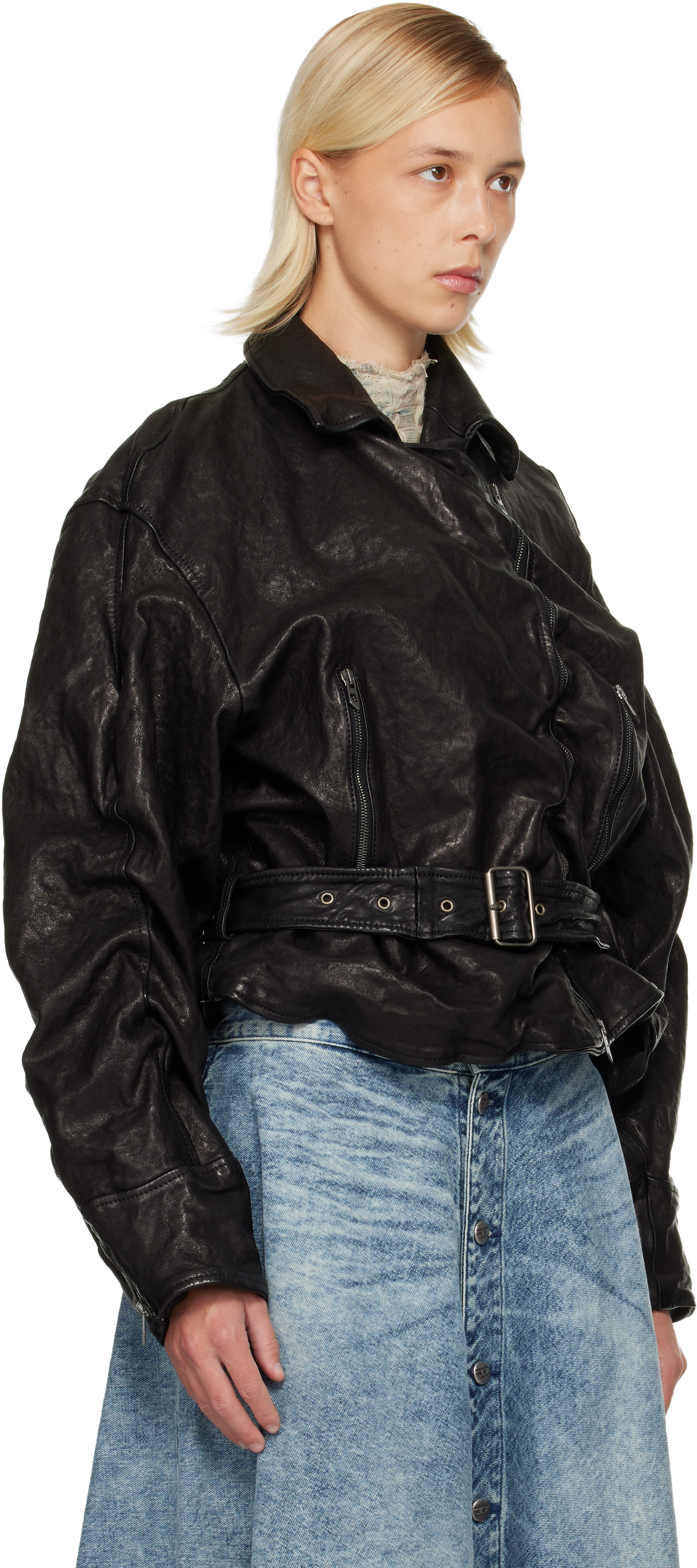 Diesel Black L-oys Leather Bomber Jacket