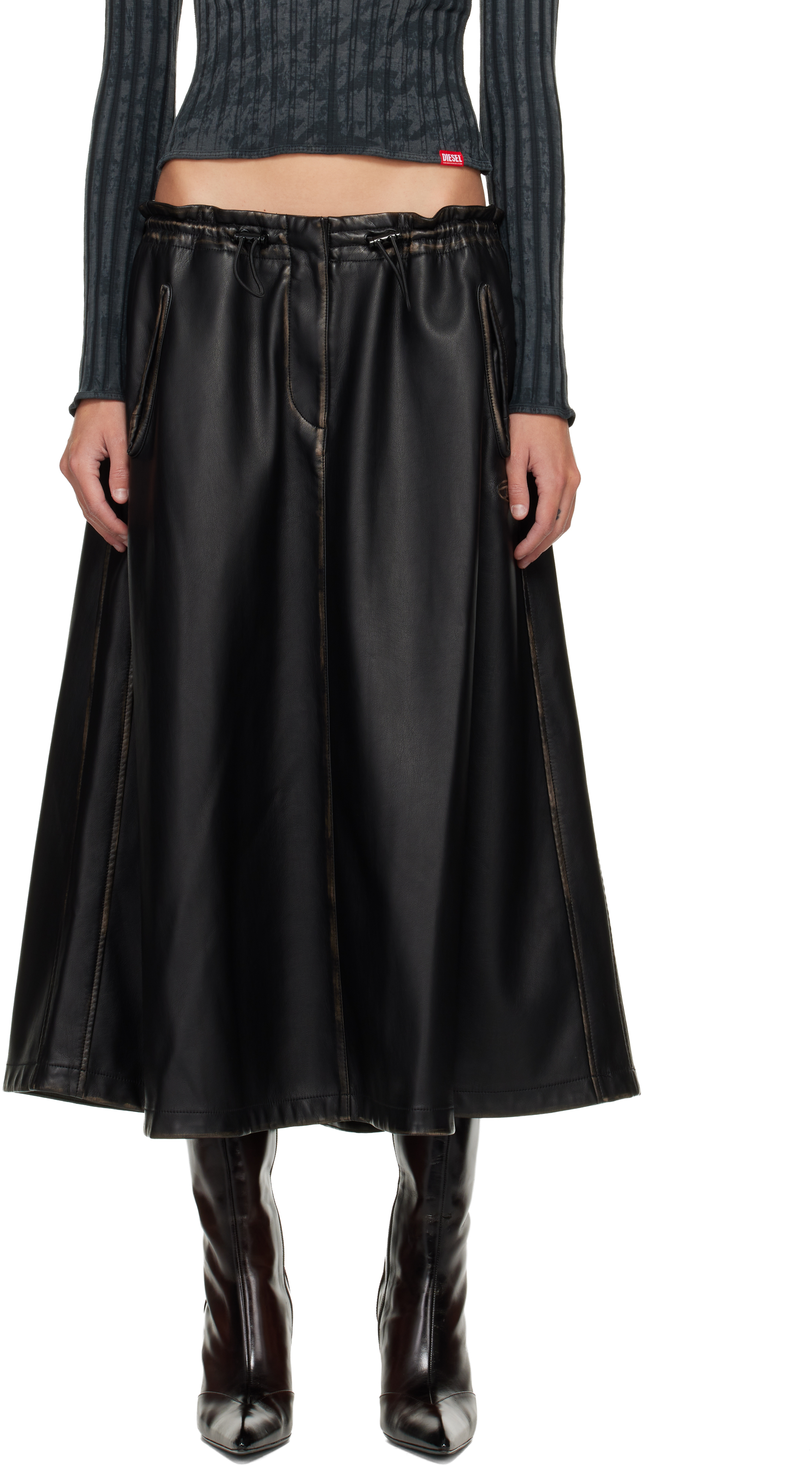 Black O-Blivion Faux-Leather Midi Skirt by Diesel on Sale