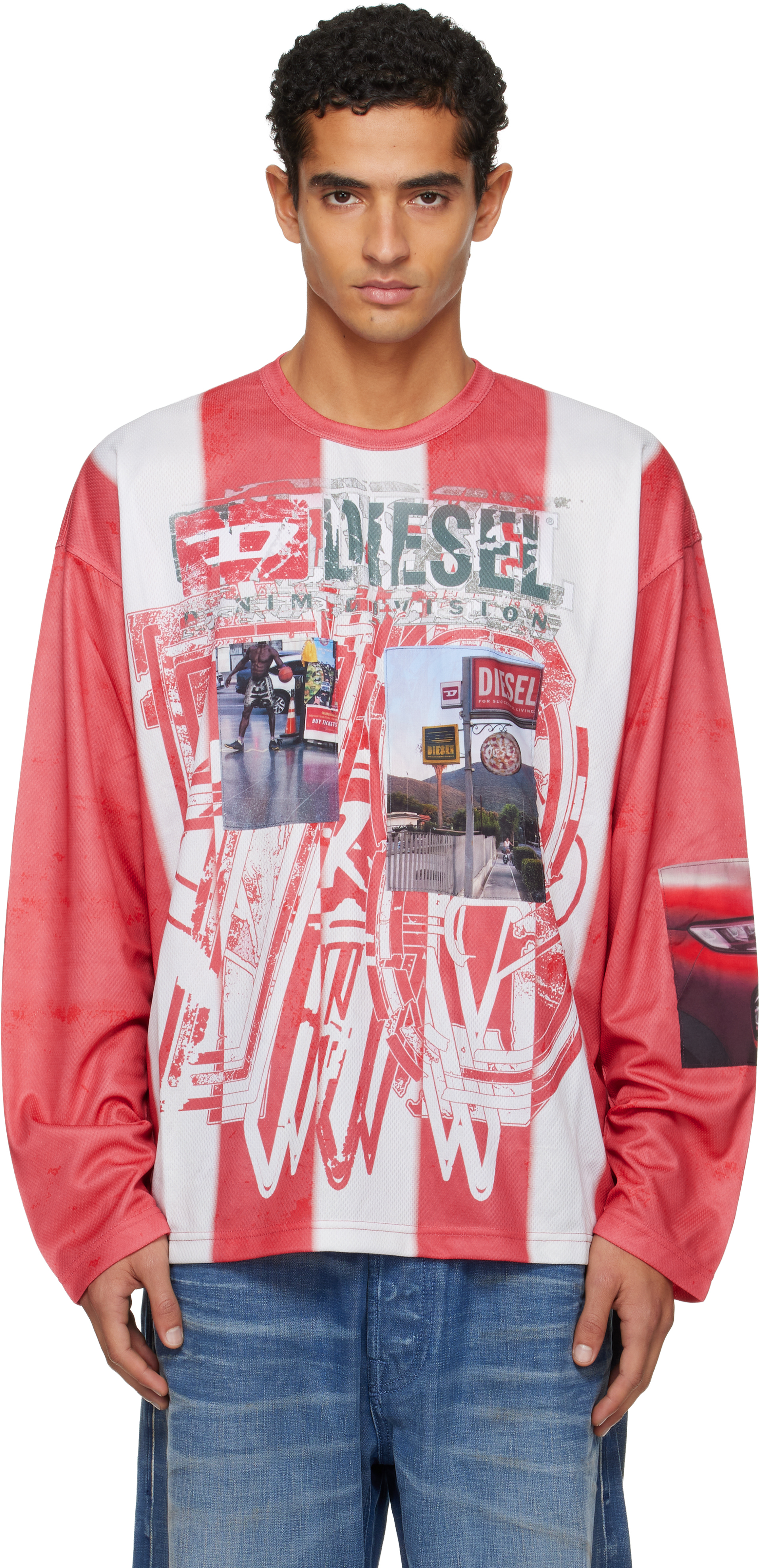 Diesel Striped Long-sleeve T-shirt With Photo Patches In Multi