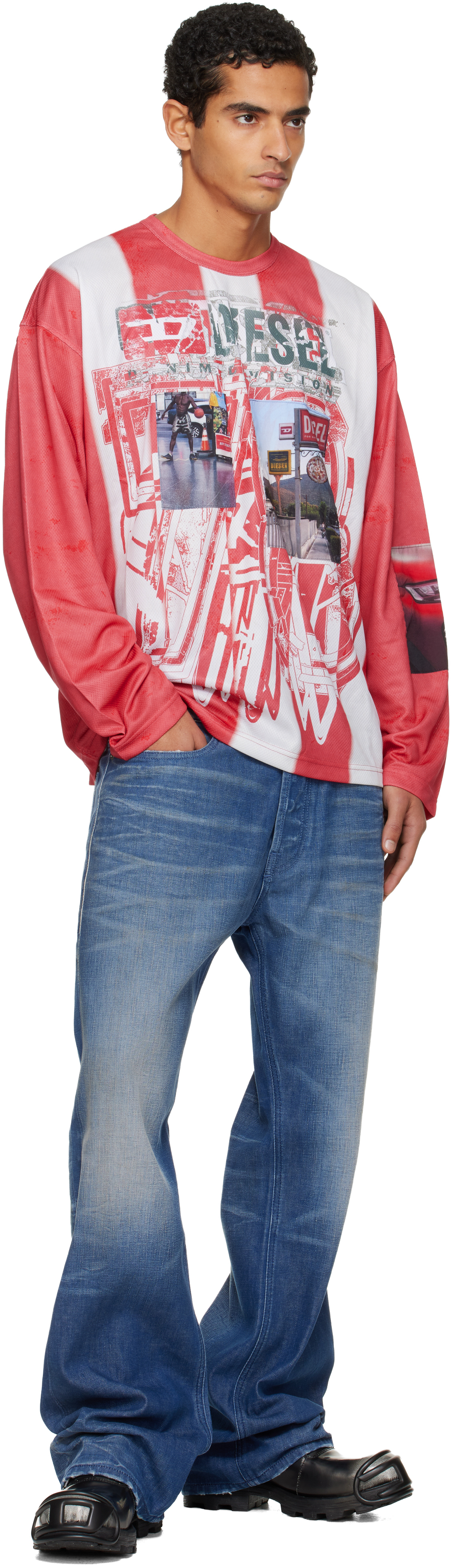 Diesel Striped Long-sleeve T-shirt With Photo Patches In Multi