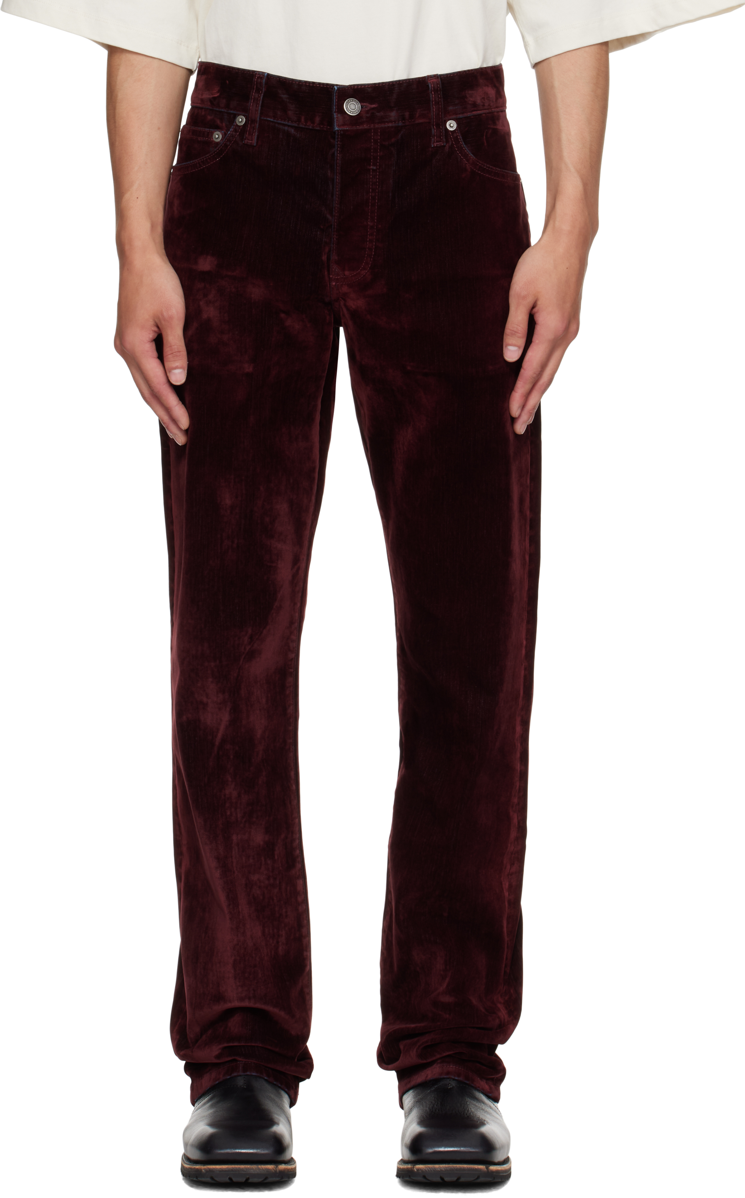 Burgundy Rafa Stretch Suede Denim Straight Leg Jeans