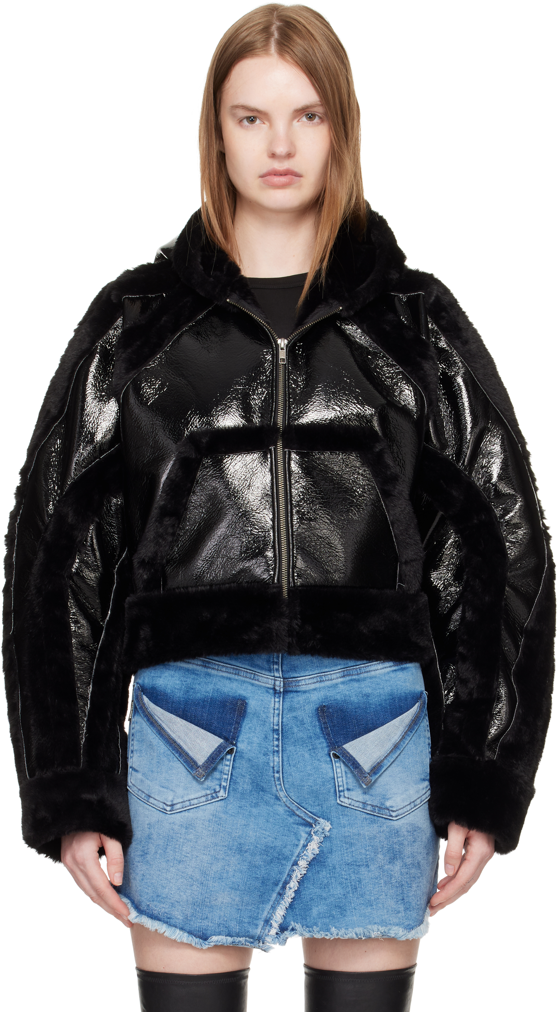 Ottolinger Womens Shiny Black Patent Faux-leather And Faux-fur Jacket In Black