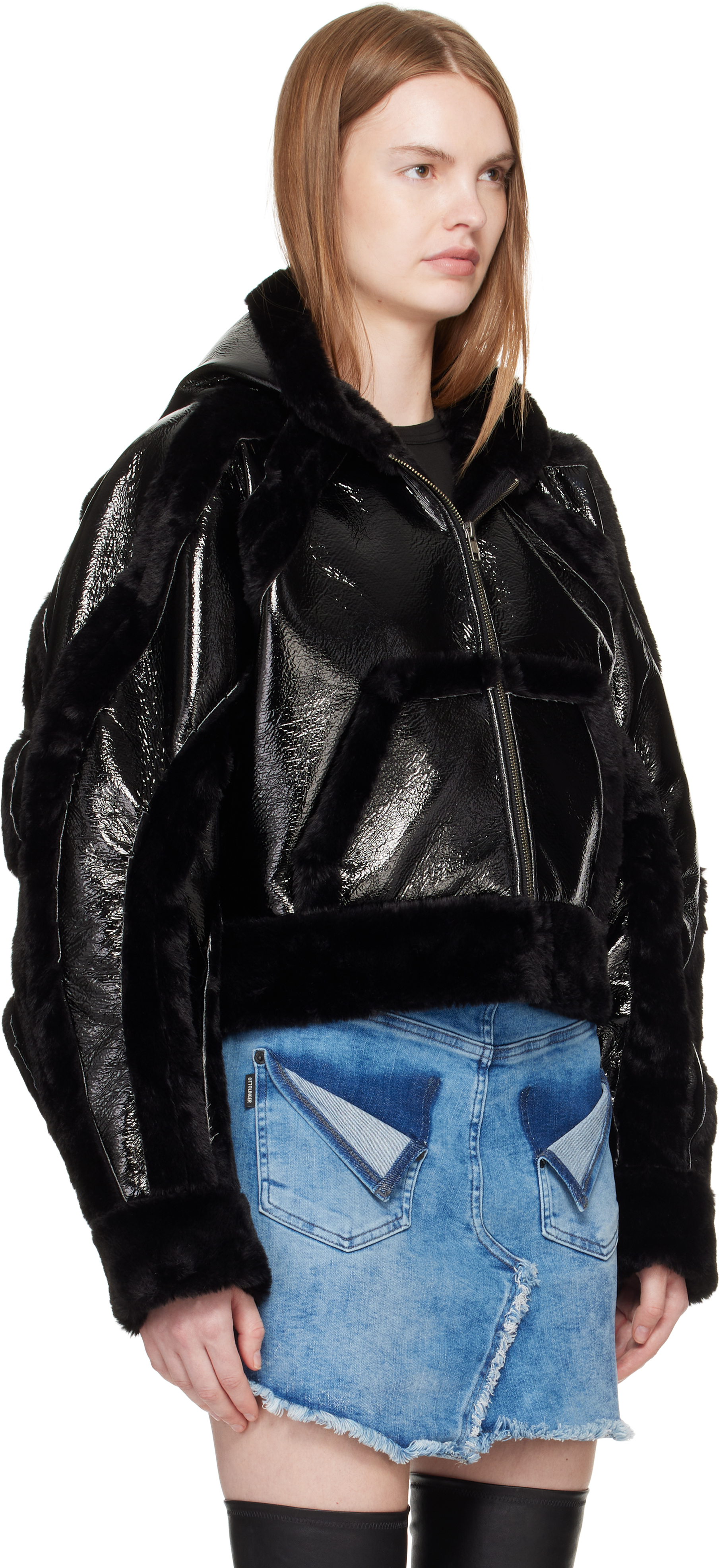 Ottolinger Womens Shiny Black Patent Faux-leather And Faux-fur Jacket In Black