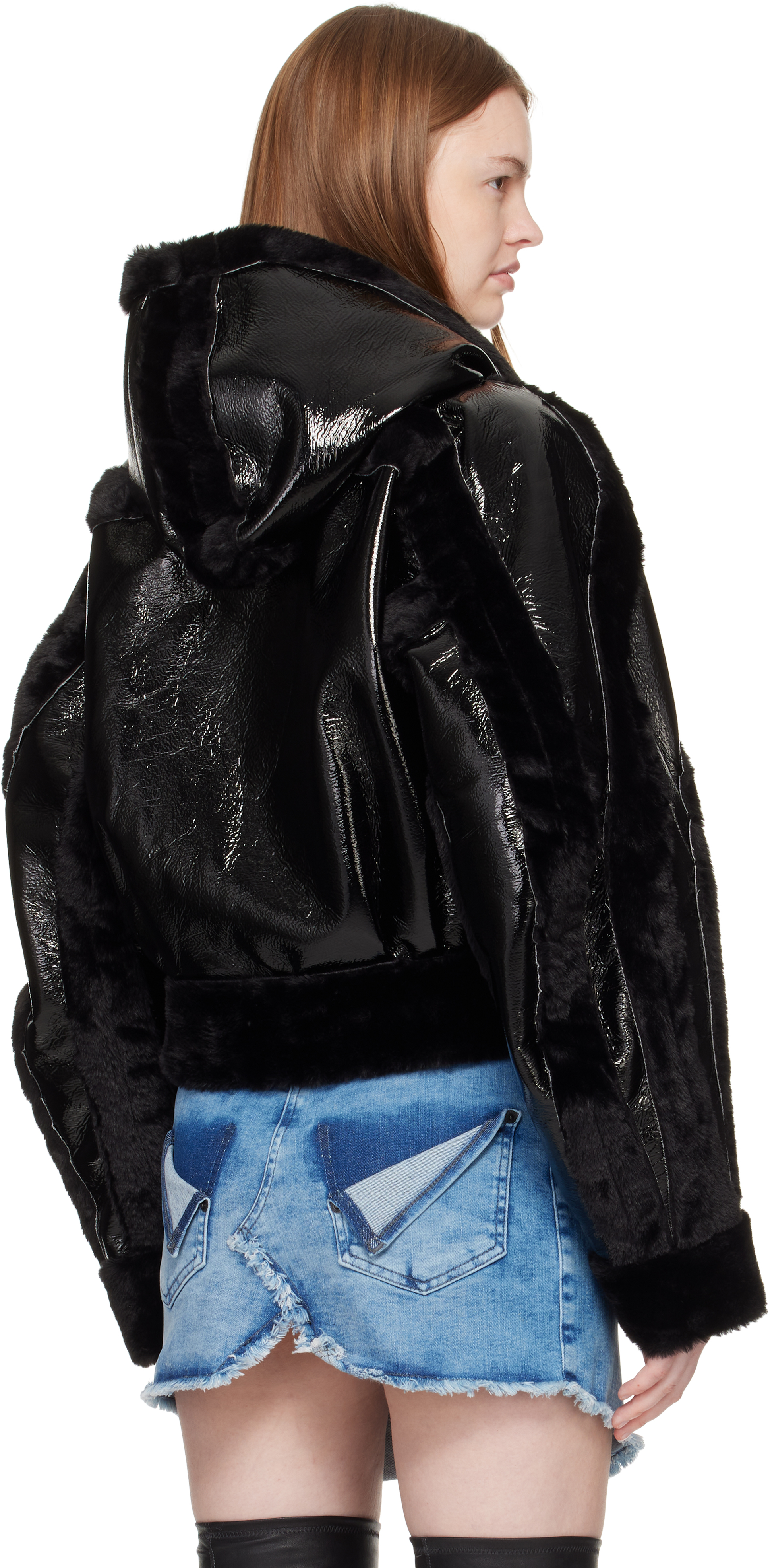 Ottolinger Womens Shiny Black Patent Faux-leather And Faux-fur Jacket In Black