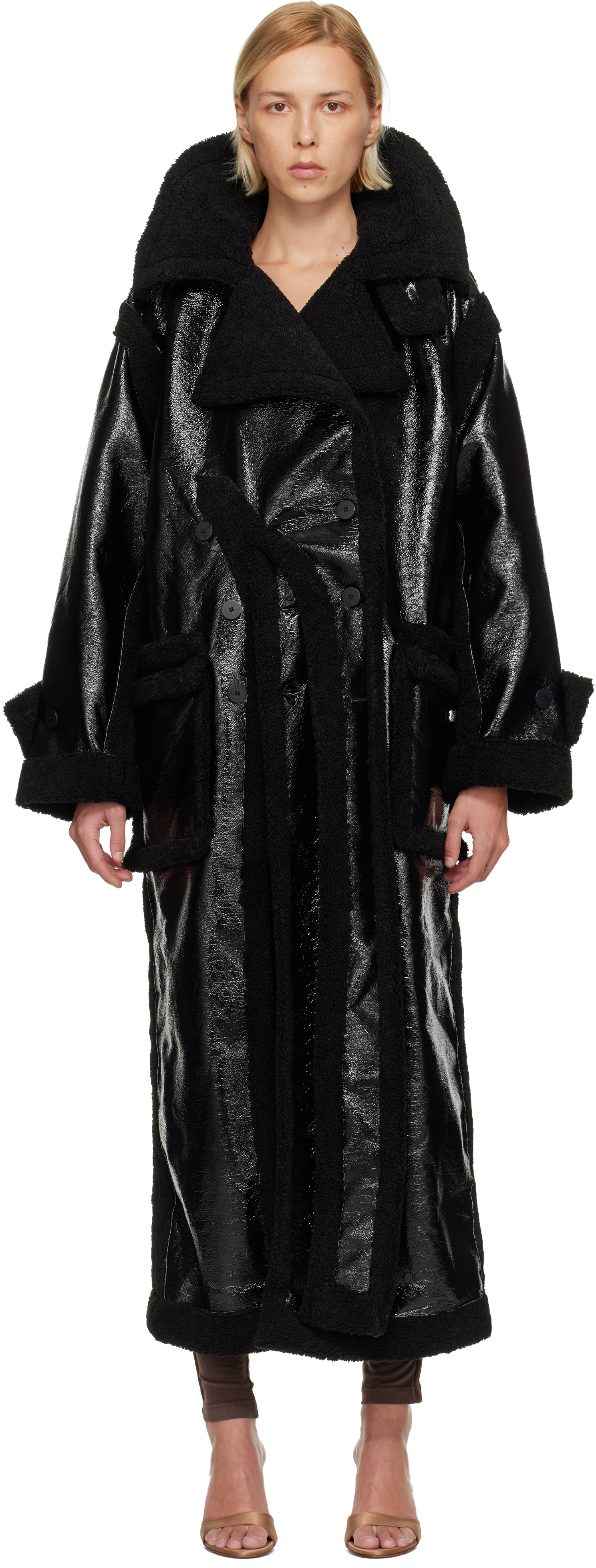 Ottolinger Black Oversized Split Faux-shearling Coat In Black