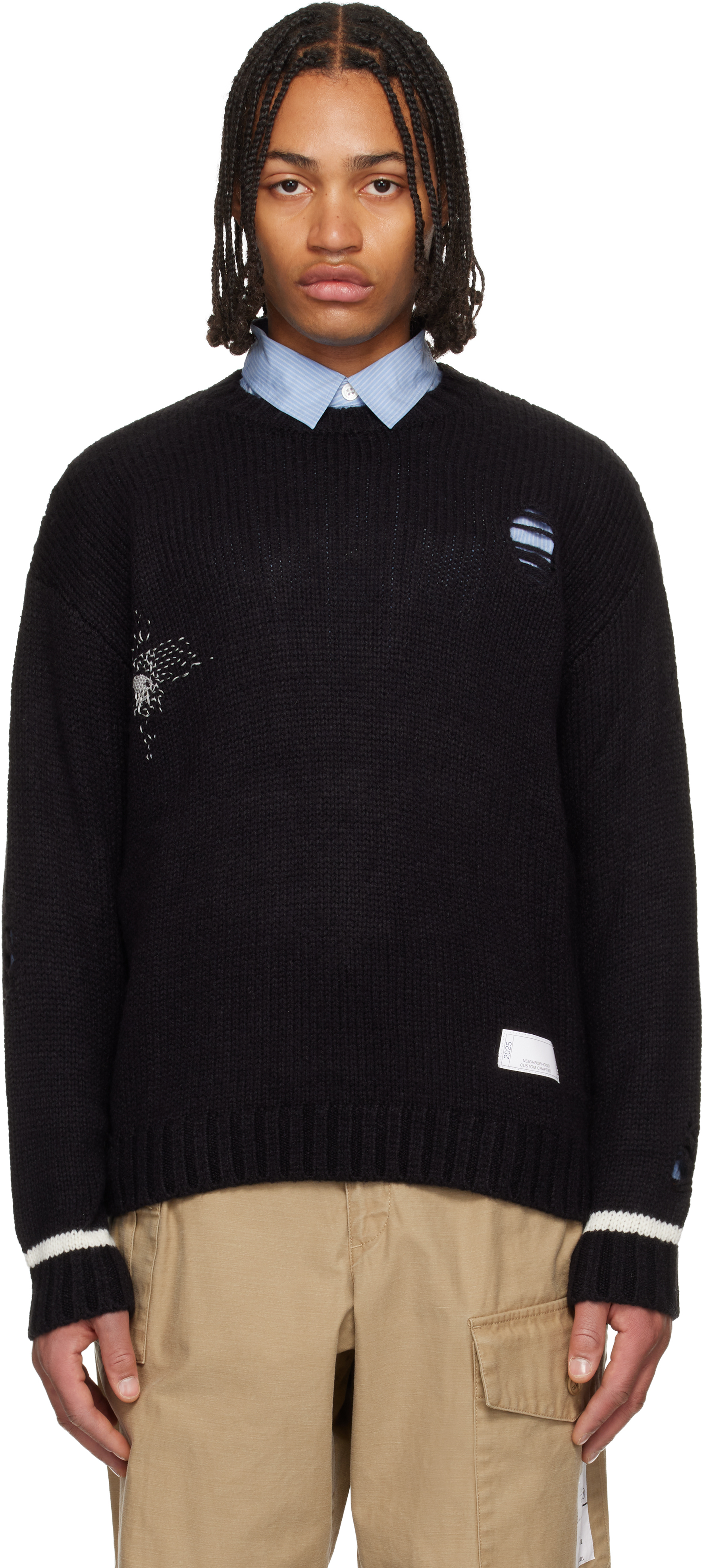 ブラックウール混紡クルーネックセーター Sサイズ 7G片畦編みメリノウールショート丈クルーネックセーター | SLOANE