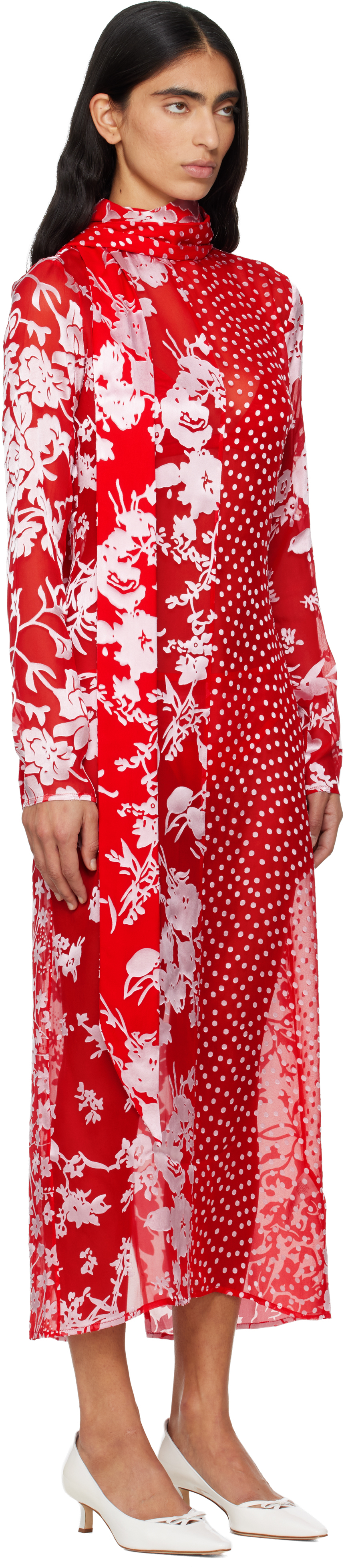 Marine Serre Red Regenerated Raso Silk Scarves Ls Maxi Dress In Red