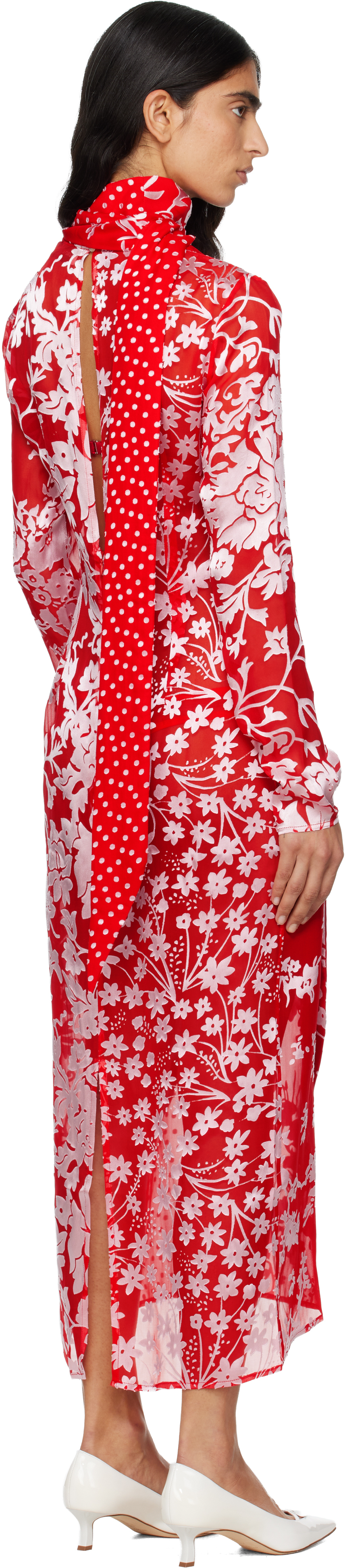 Marine Serre Red Regenerated Raso Silk Scarves Ls Maxi Dress In Red