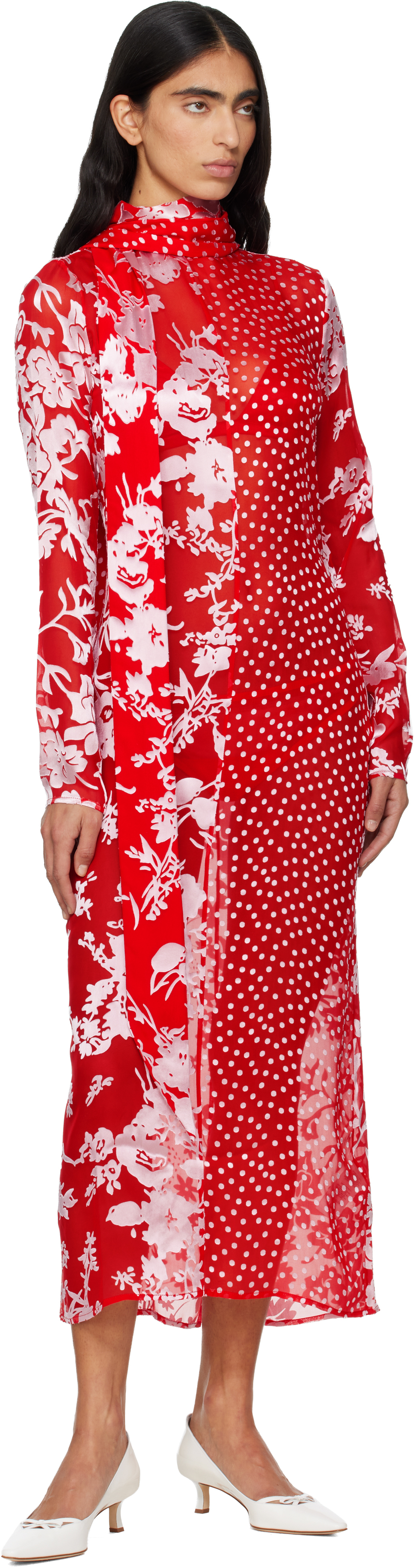 Marine Serre Red Regenerated Raso Silk Scarves Ls Maxi Dress In Red