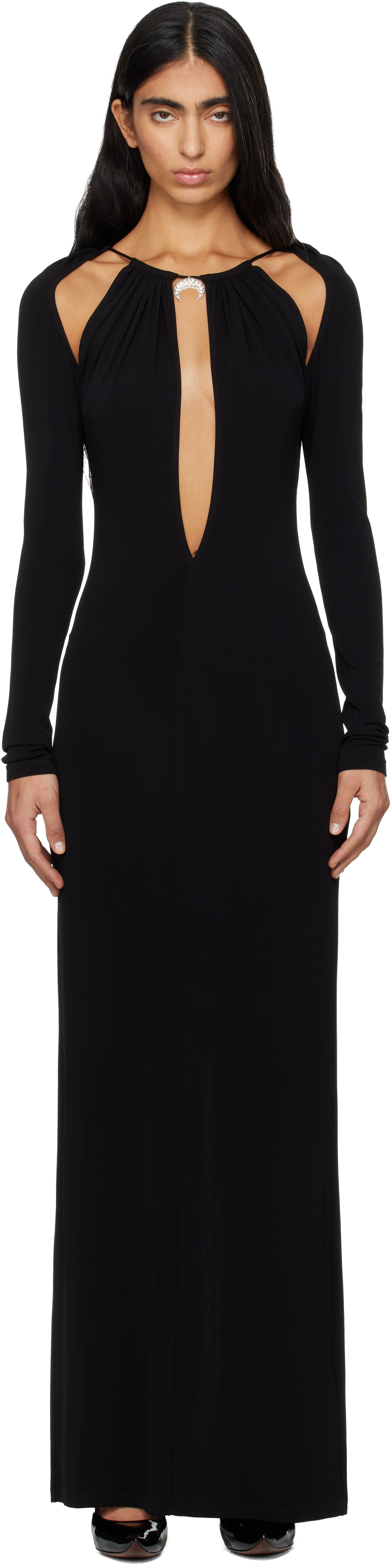 Marine Serre Black Draped Jersey Ls Maxi Dress In Black