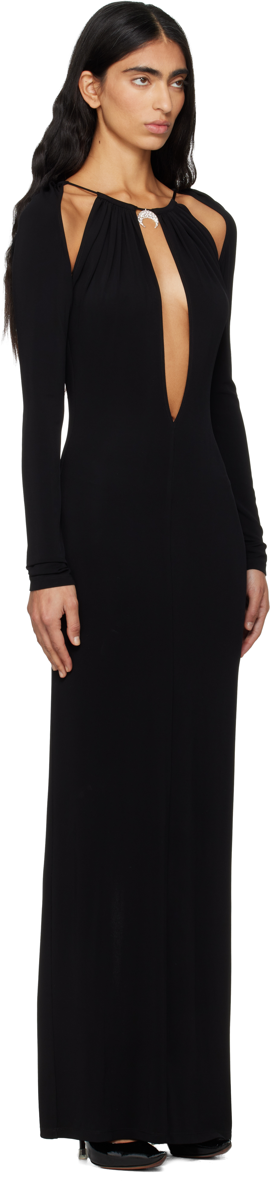 Marine Serre Black Draped Jersey Ls Maxi Dress In Black