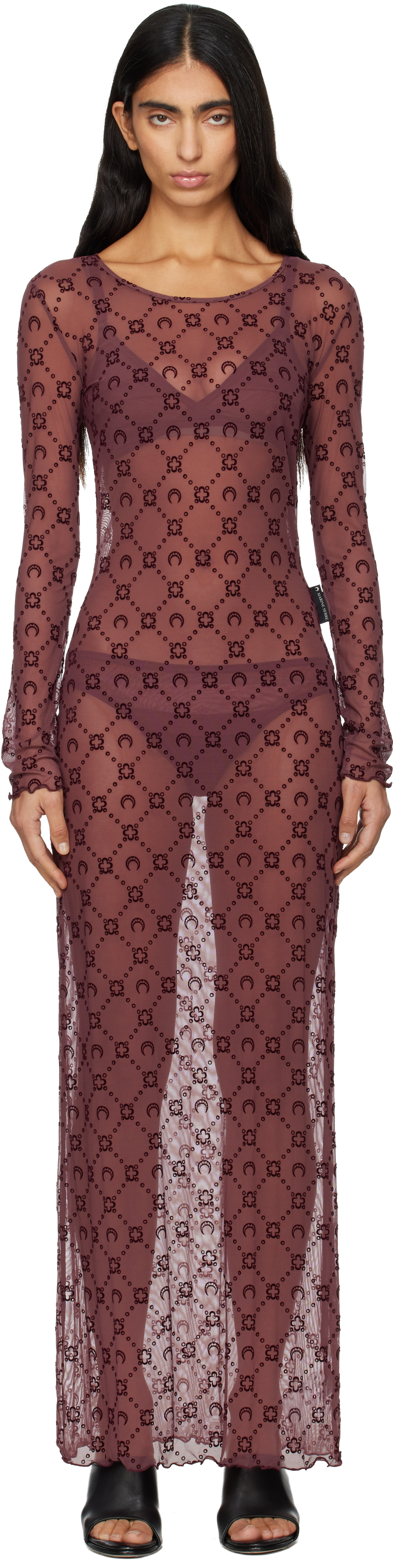 Burgundy Moonogram Mesh Flock Maxi Dress by Marine Serre on Sale
