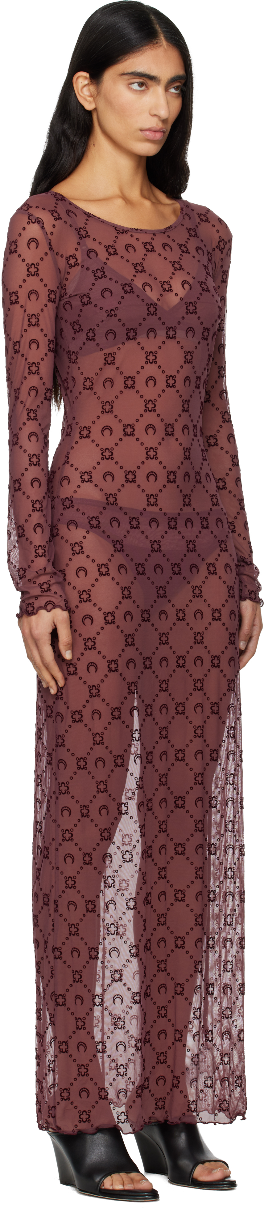Marine Serre Burgundy Moonogram Mesh Flock Maxi Dress In Burgundy