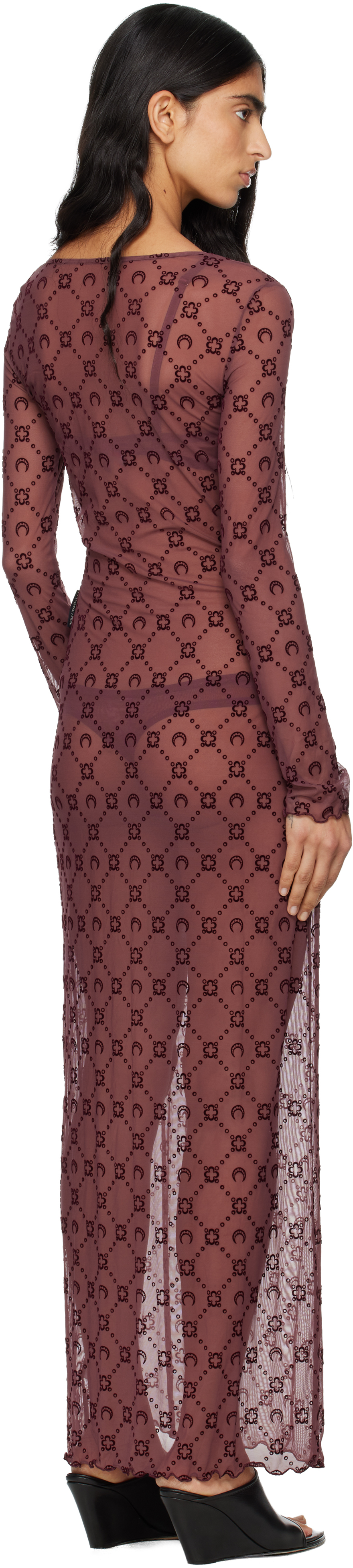 Marine Serre Burgundy Moonogram Mesh Flock Maxi Dress In Burgundy
