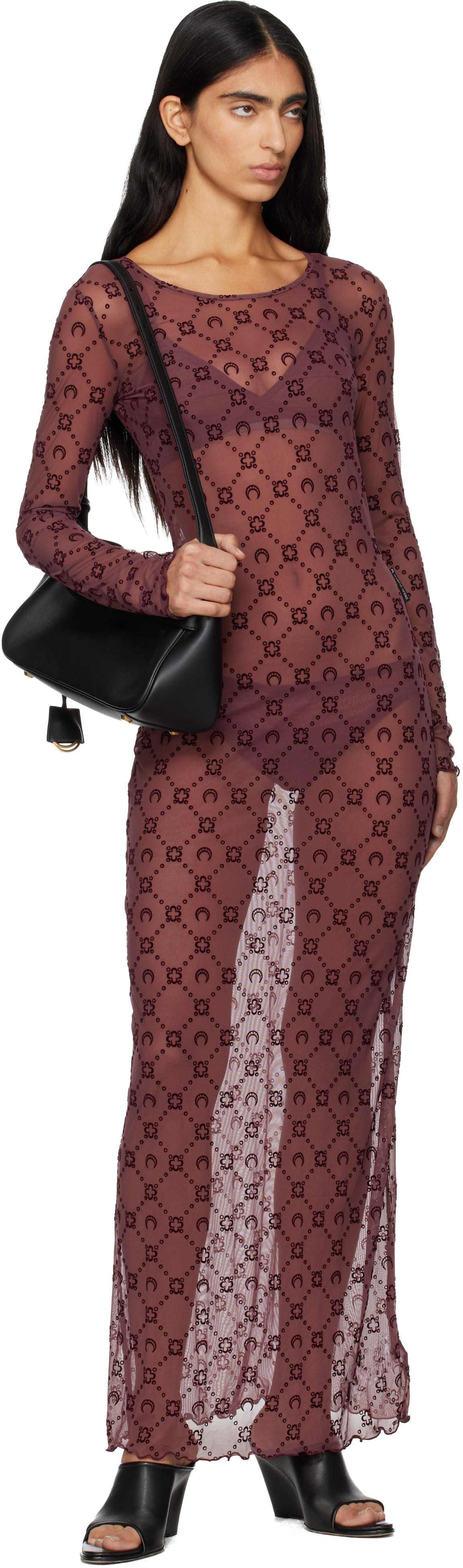 Marine Serre Burgundy Moonogram Mesh Flock Maxi Dress In Burgundy