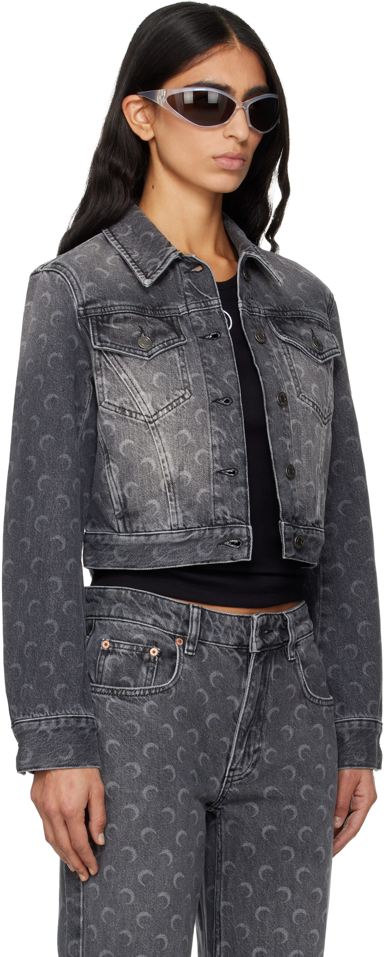 Marine Serre Gray Moon Laser Cropped Denim Jacket In Gray