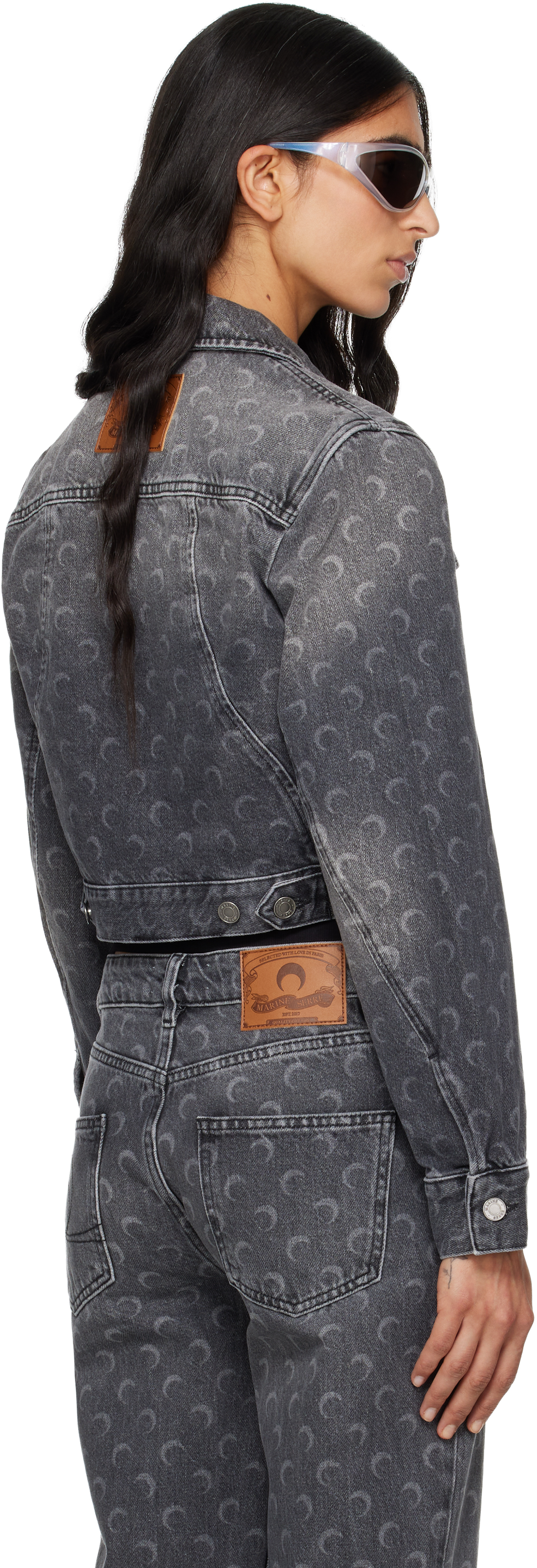 Marine Serre Gray Moon Laser Cropped Denim Jacket In Gray