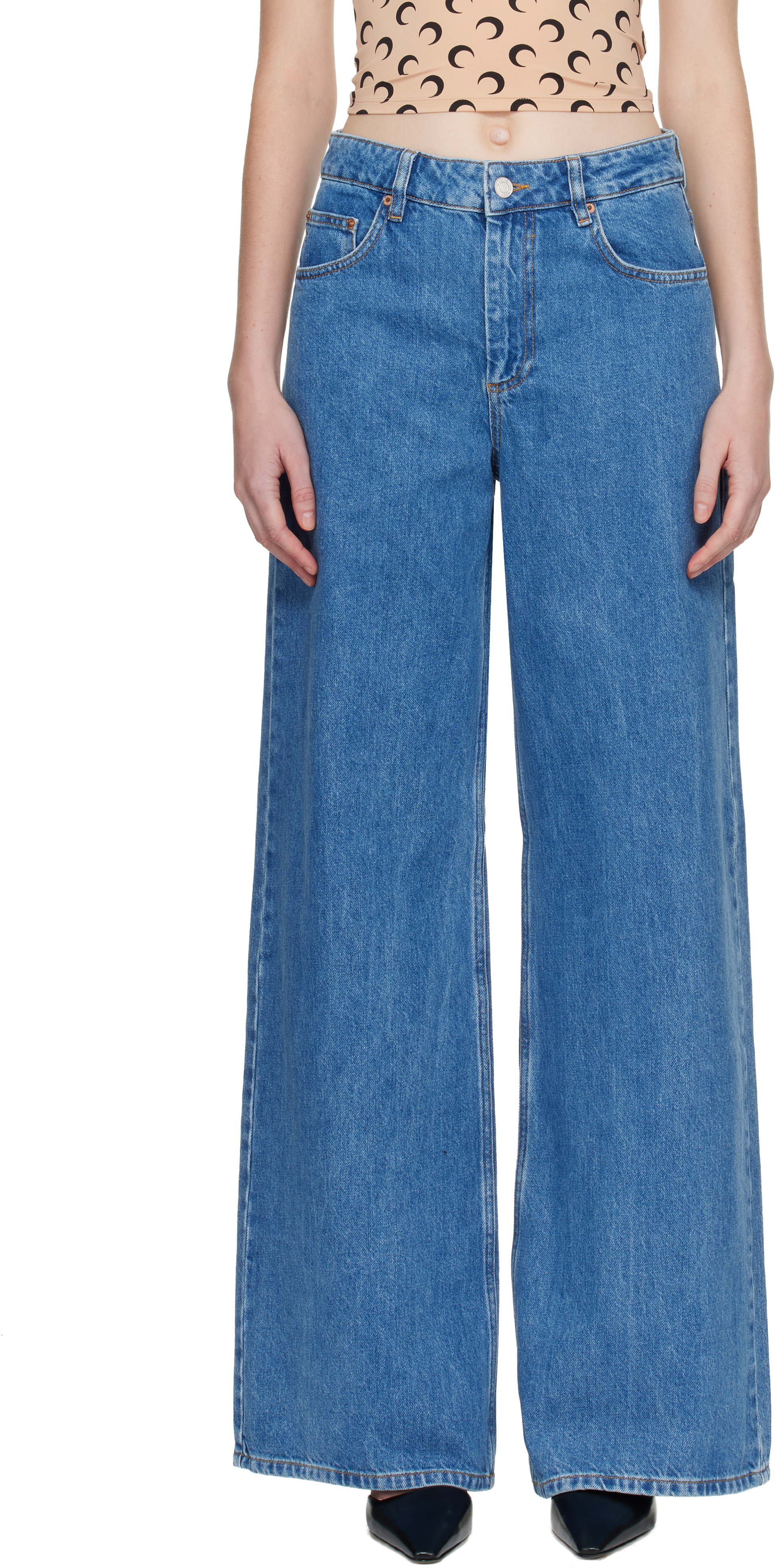 Marine Serre Blue Moon Laser High-waist Flare Jeans In Blue
