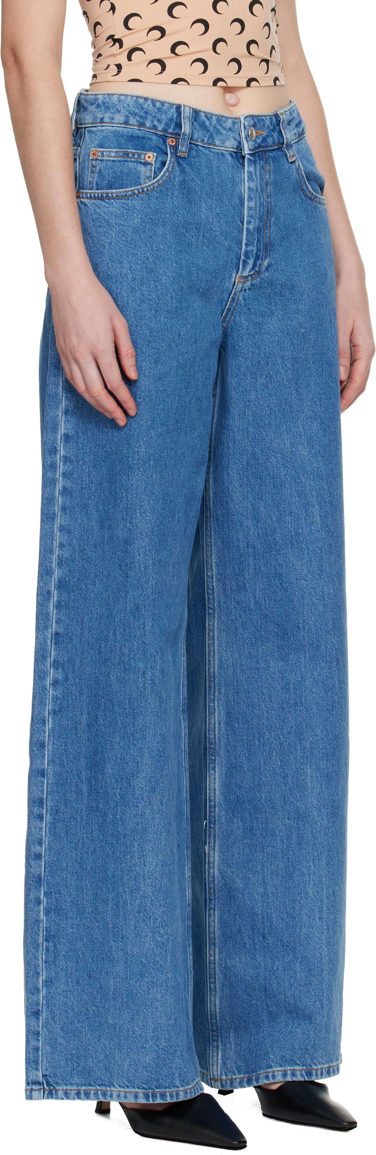 Marine Serre Blue Moon Laser High-waist Flare Jeans In Blue