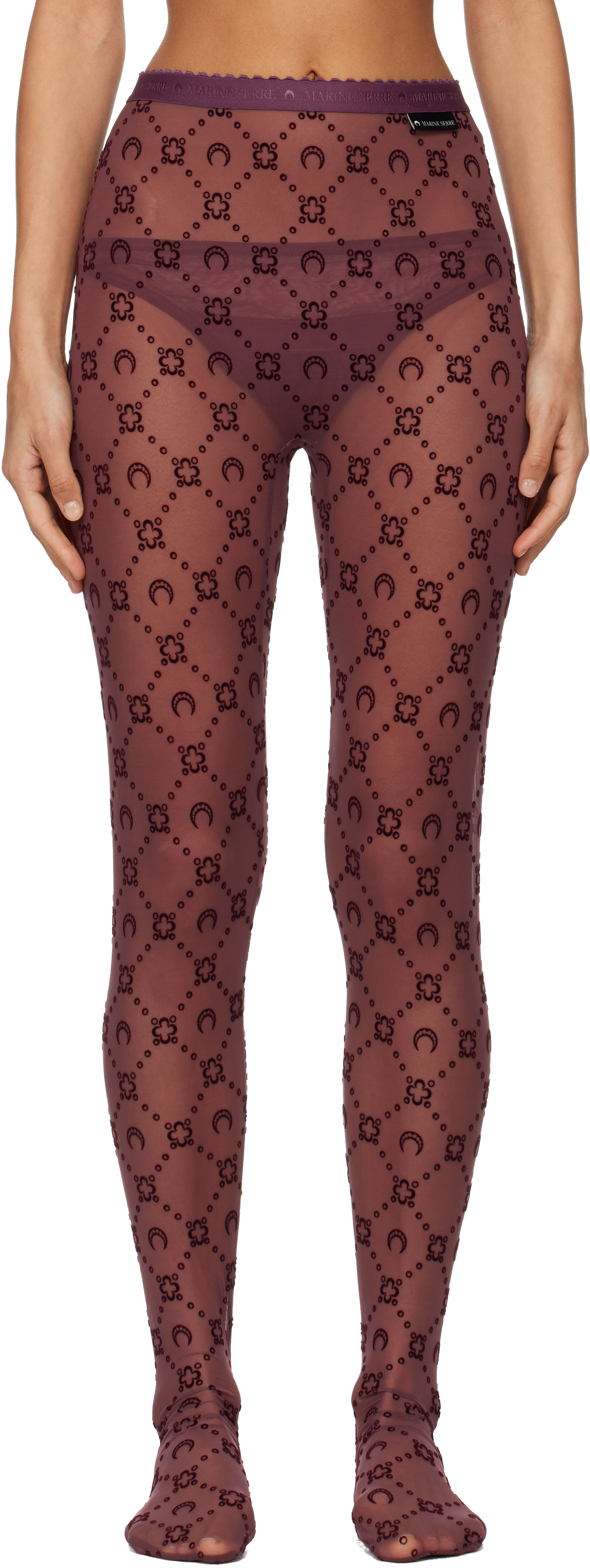 Marine Serre Burgundy Moonogram Mesh Flock Tights In Purple