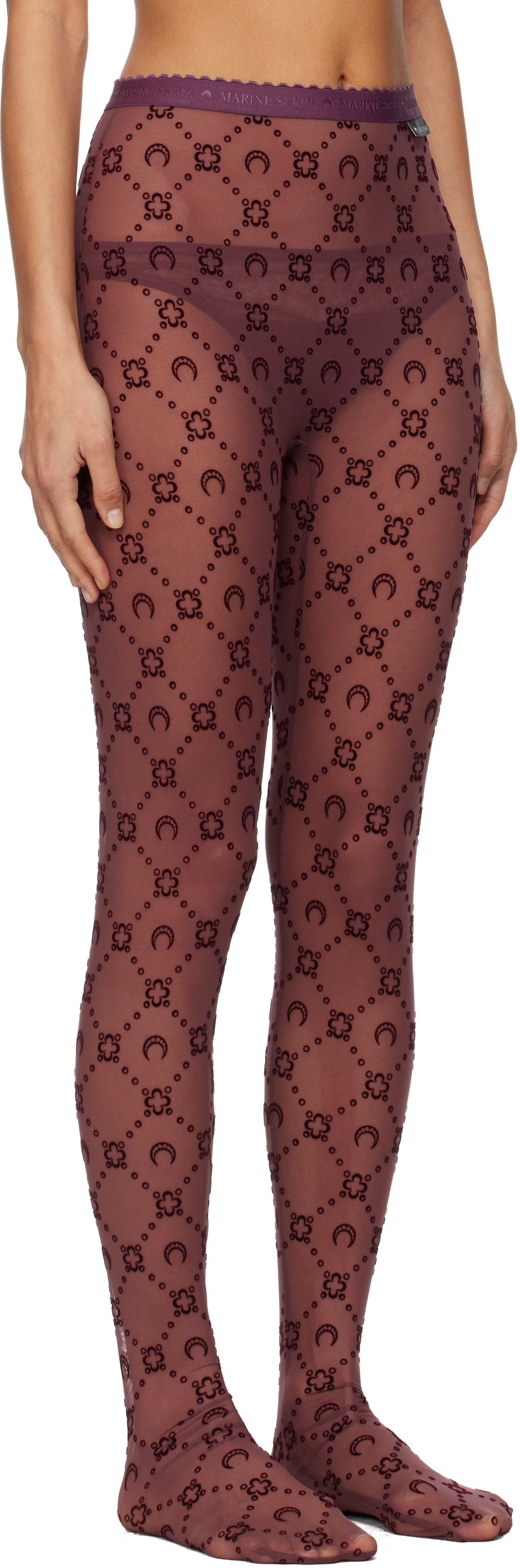Marine Serre Burgundy Moonogram Mesh Flock Tights In Purple