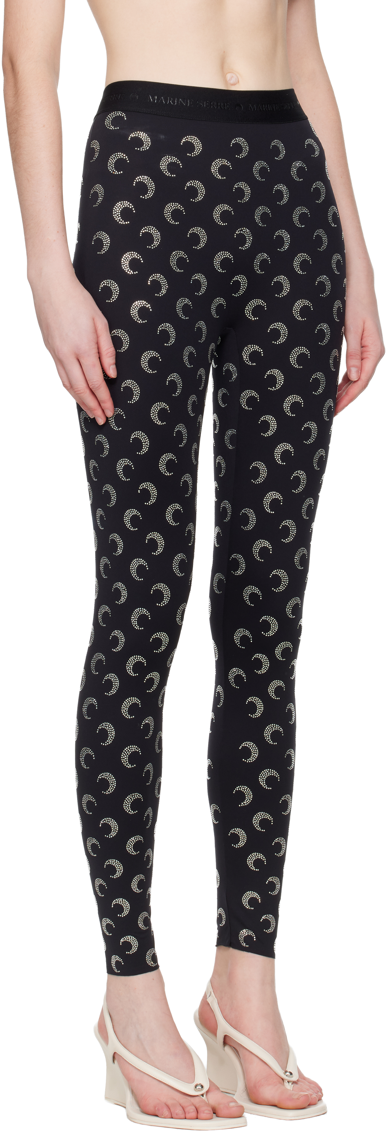 Marine Serre Black Moon Rhinestoned Jersey Stirrup Leggings In Blue