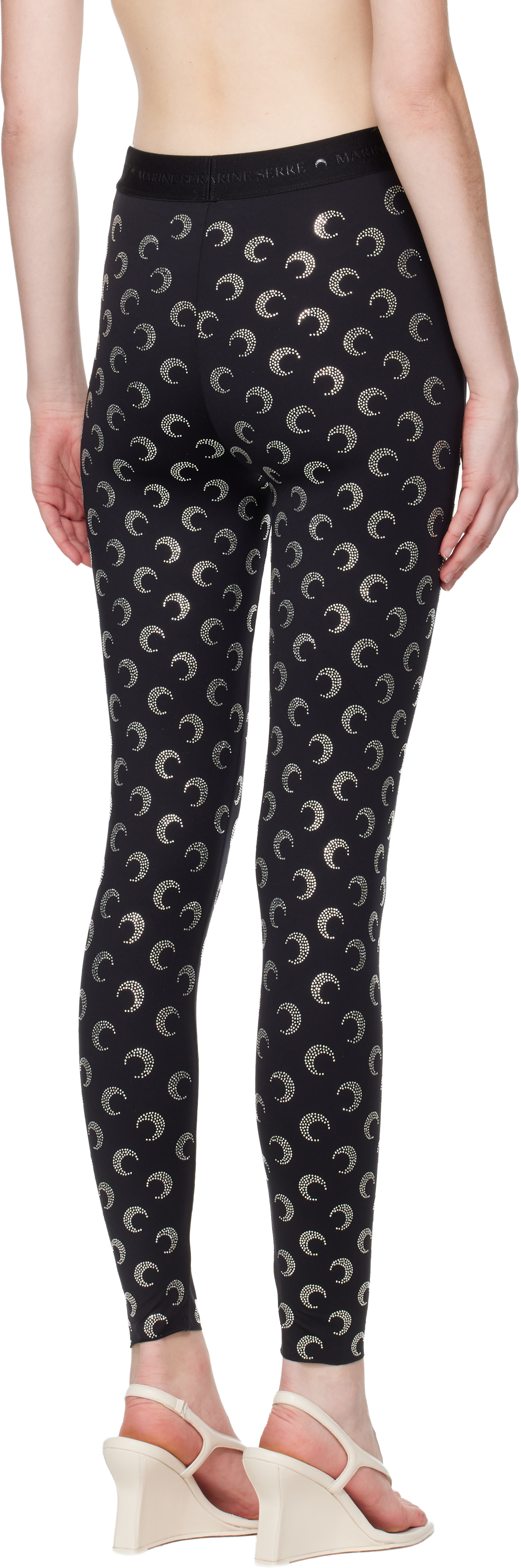 Marine Serre Black Moon Rhinestoned Jersey Stirrup Leggings In Blue
