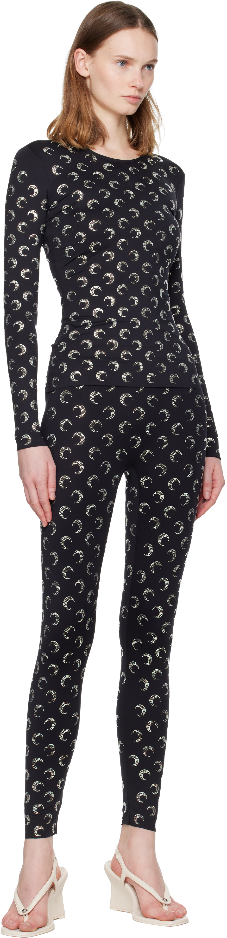 Marine Serre Black Moon Rhinestoned Jersey Stirrup Leggings In Blue