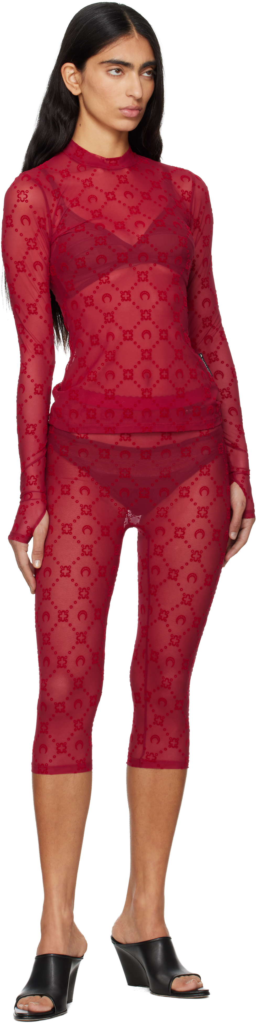 Marine Serre Red Moonogram Mesh Flock Capri Leggings In Red