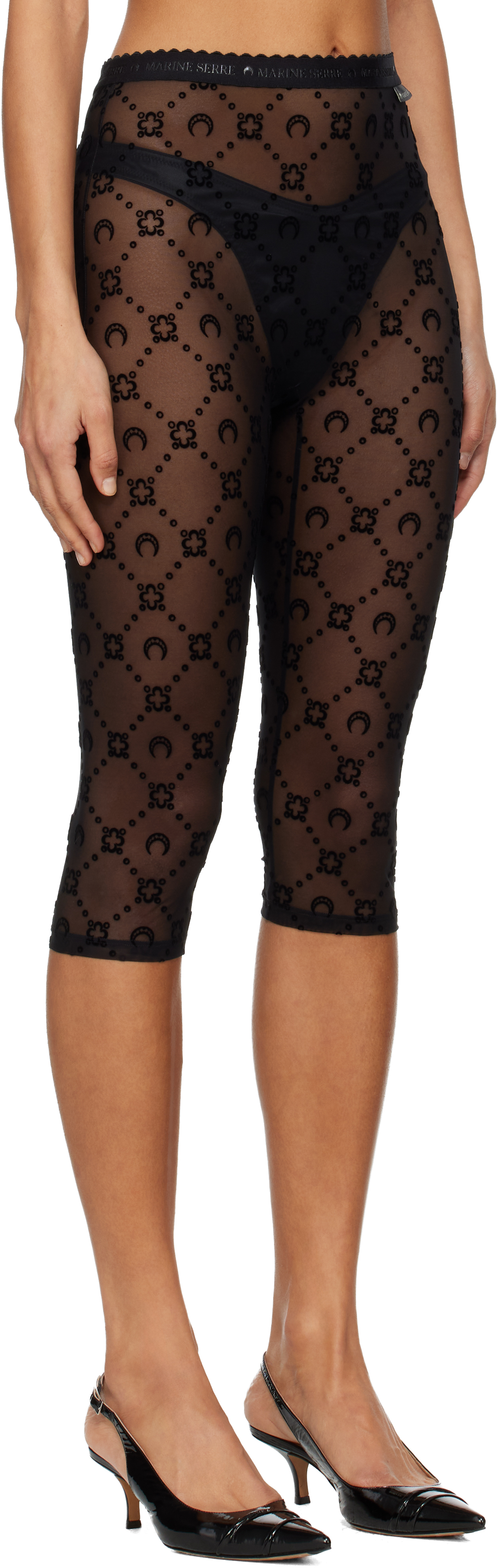 Marine Serre Black Moonogram Mesh Flock Capri Leggings In Black
