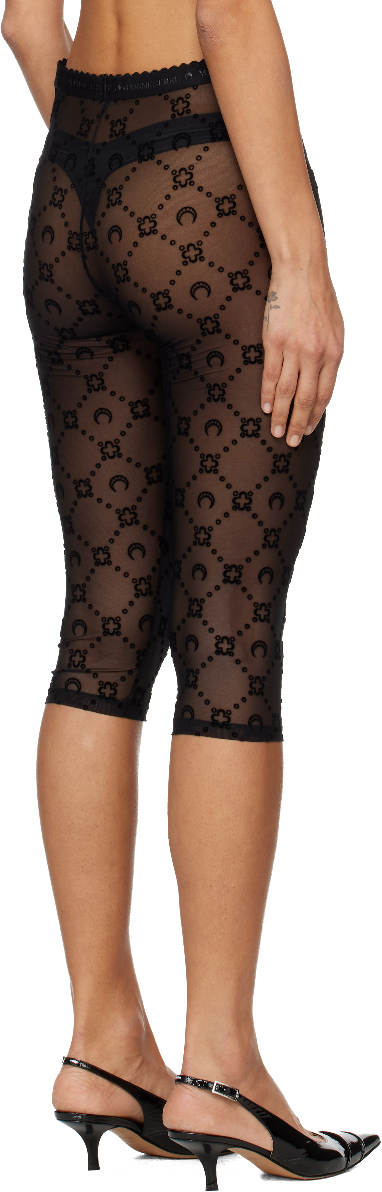 Marine Serre Black Moonogram Mesh Flock Capri Leggings In Black