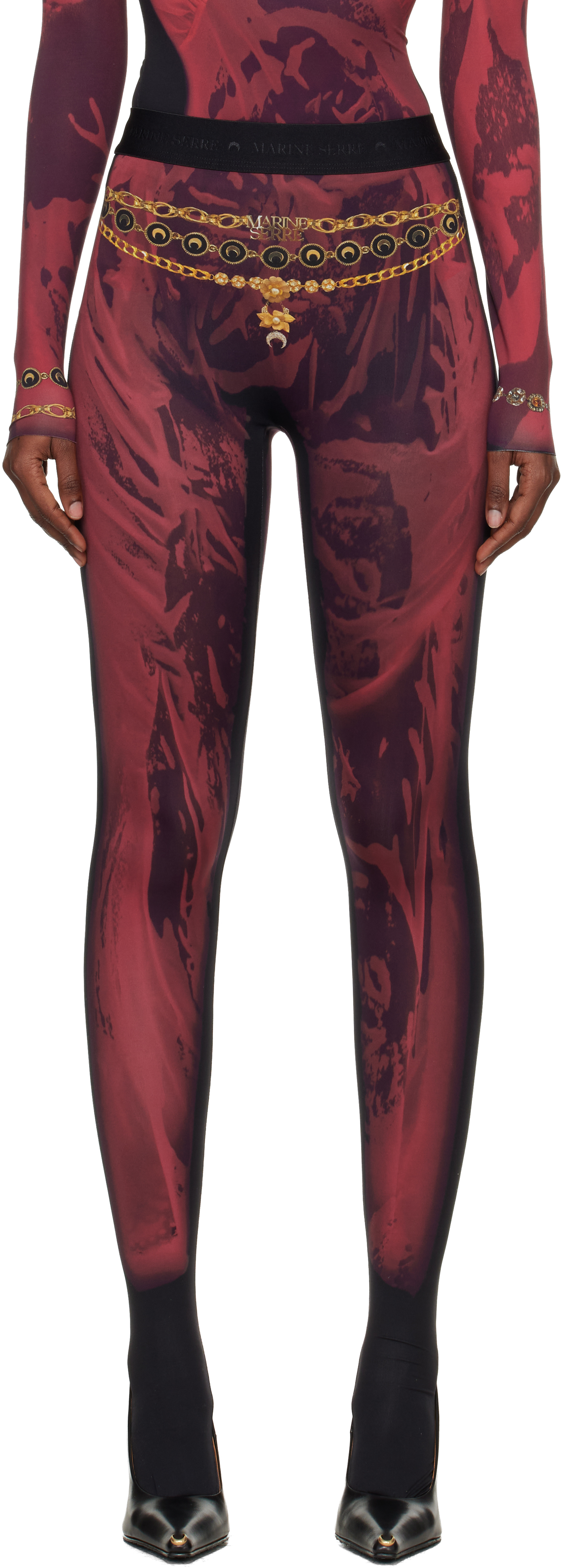 Marine Serre: Red & Black Wet Nuisette Printed Jersey Leggings