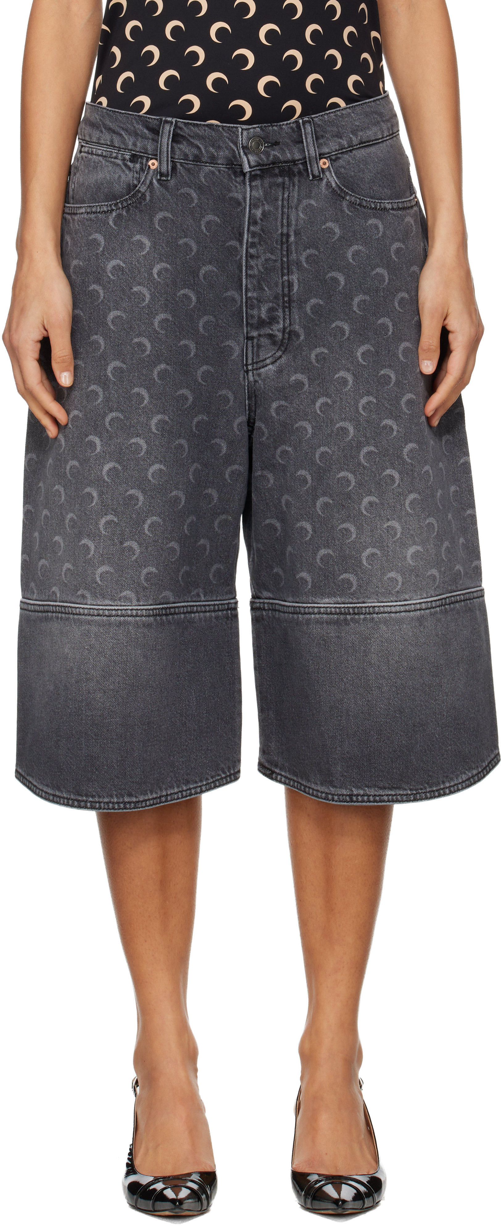 Marine Serre Grey Moon Laser Denim Shorts In Gray