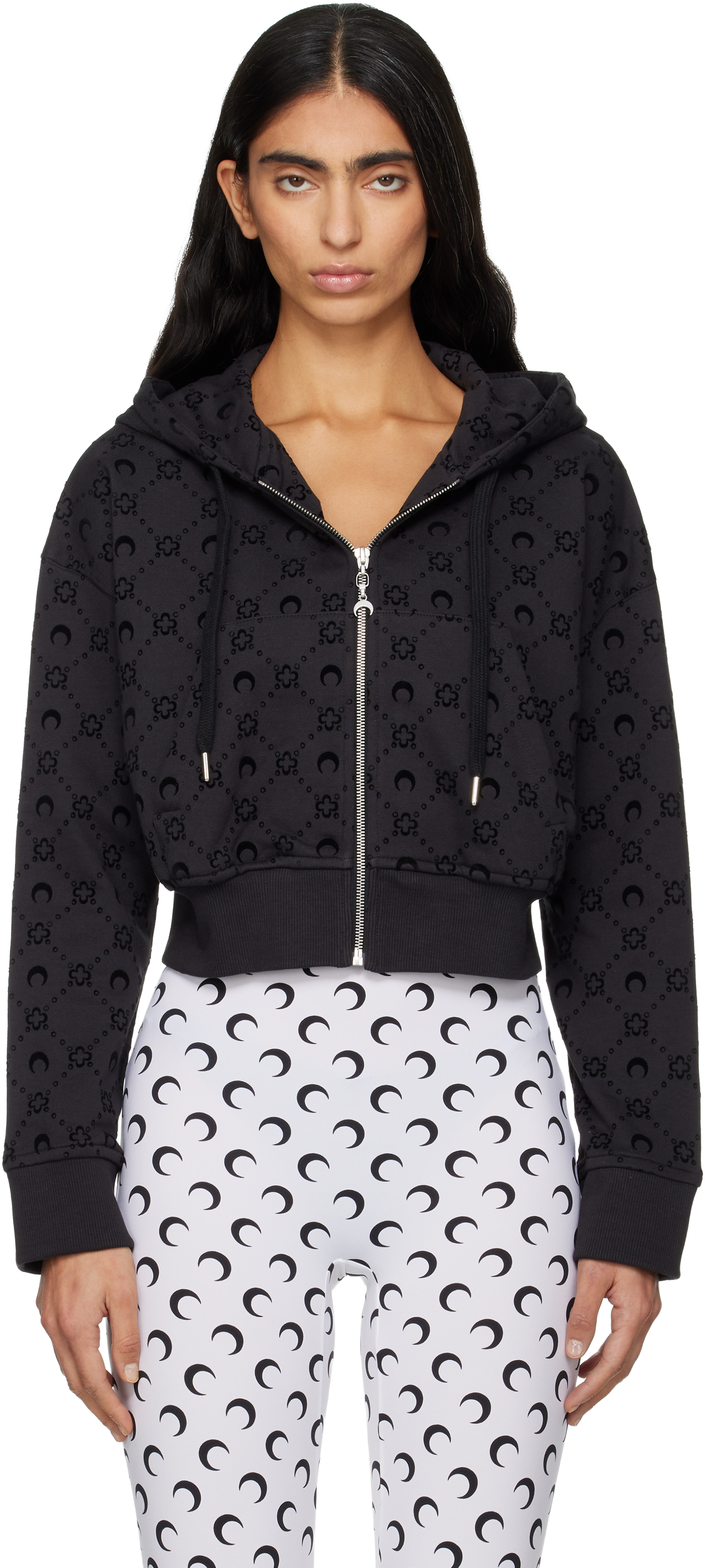 Marine Serre Black Moonogram Flocked Fleece Cropped Zipped Hoodie In Black
