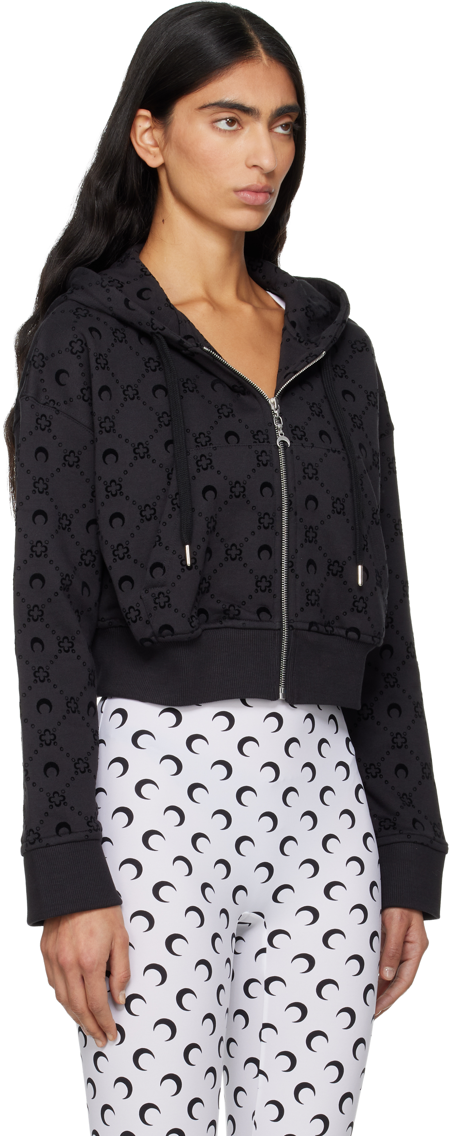 Marine Serre Black Moonogram Flocked Fleece Cropped Zipped Hoodie In Black