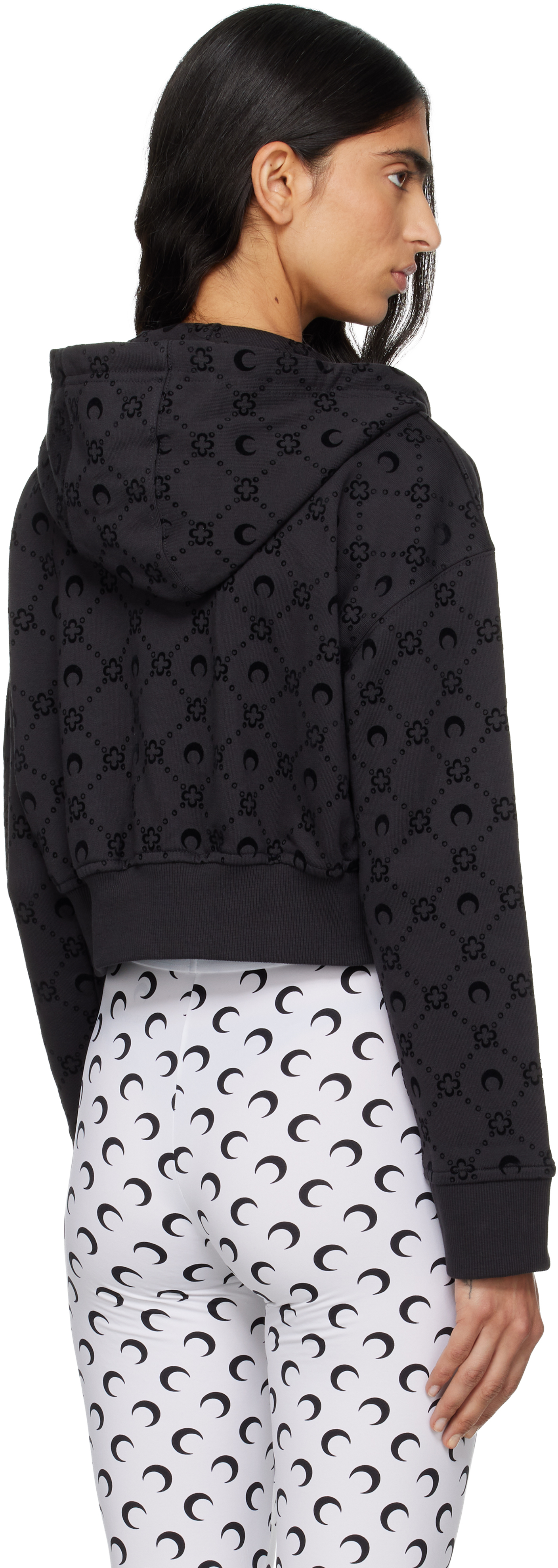 Marine Serre Black Moonogram Flocked Fleece Cropped Zipped Hoodie In Black