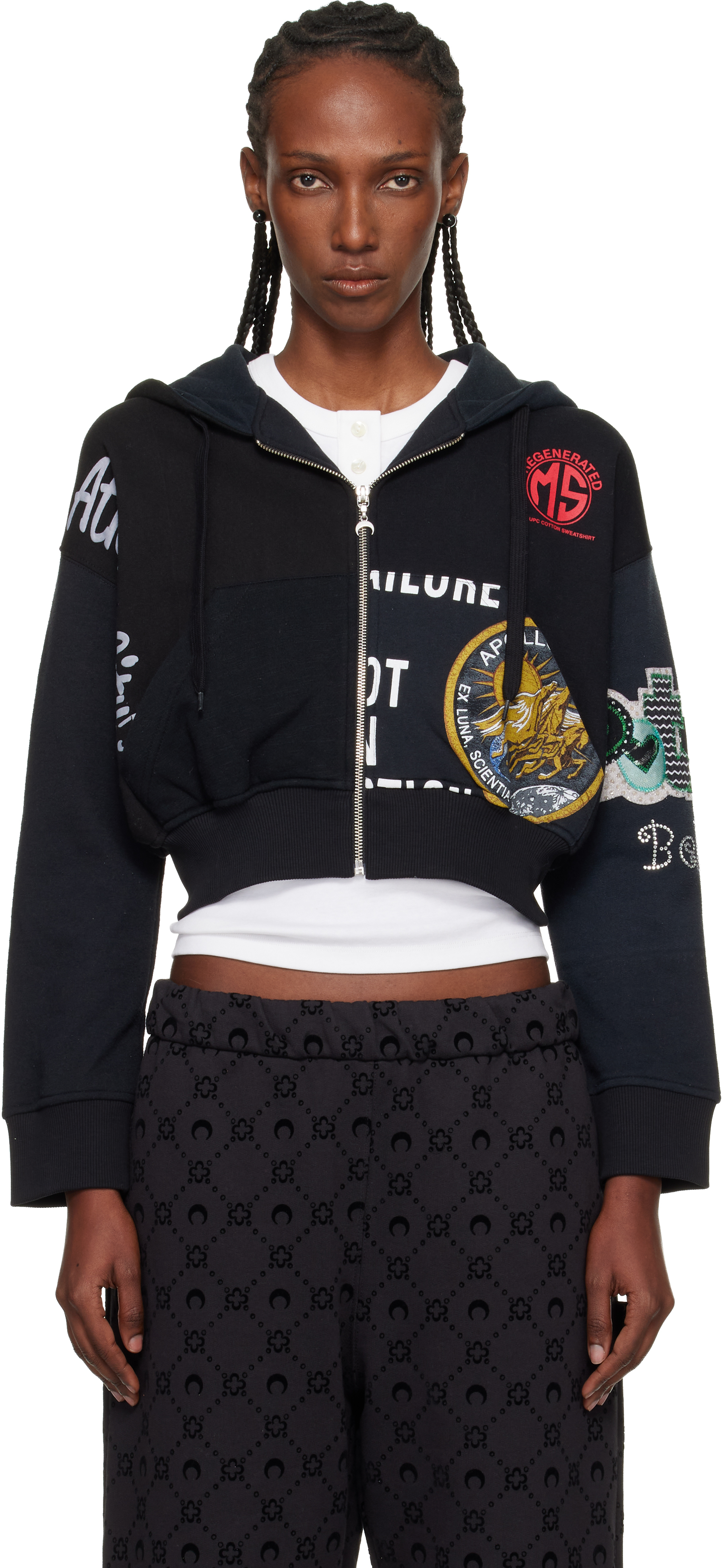 Black Regenerated Graphic Jersey Cropped Zipped Hoodie by Marine