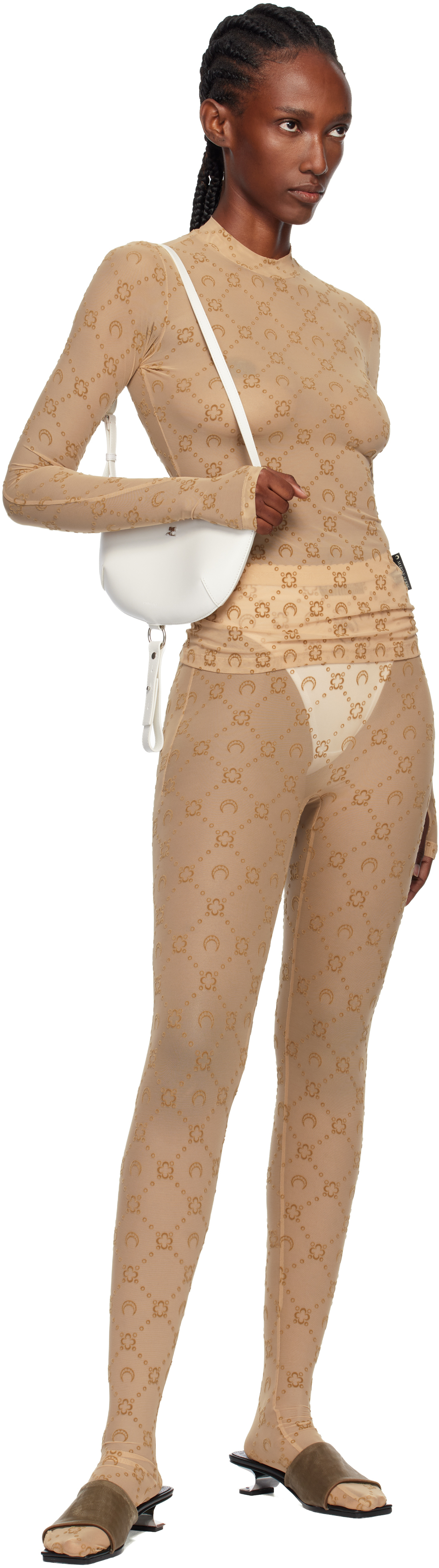 Marine Serre Tan Recycled Mesh Flock Second Skin Highneck Top In Nude