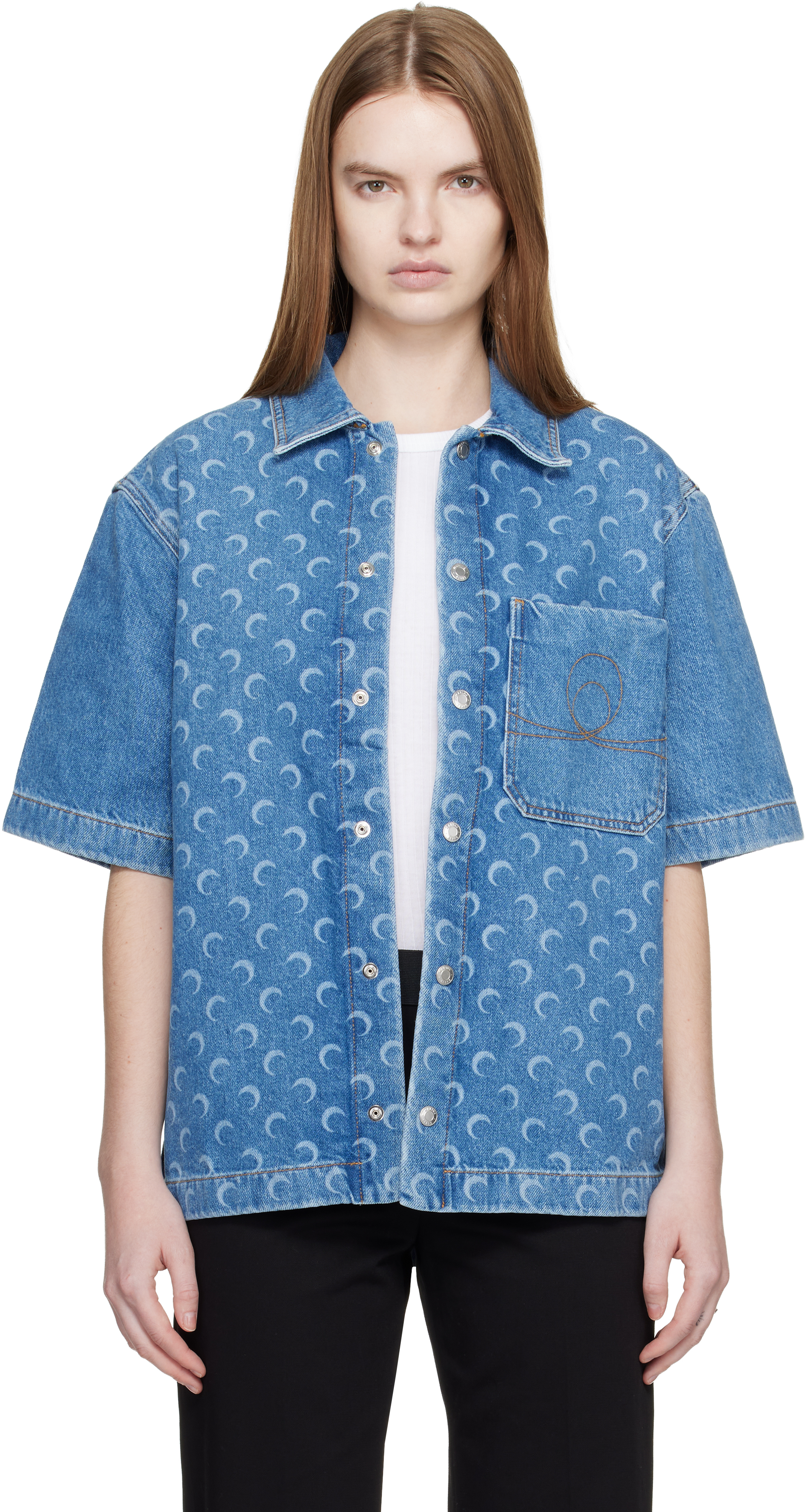 Marine Serre: Blue Moon Laser SS Denim Shirt | SSENSE