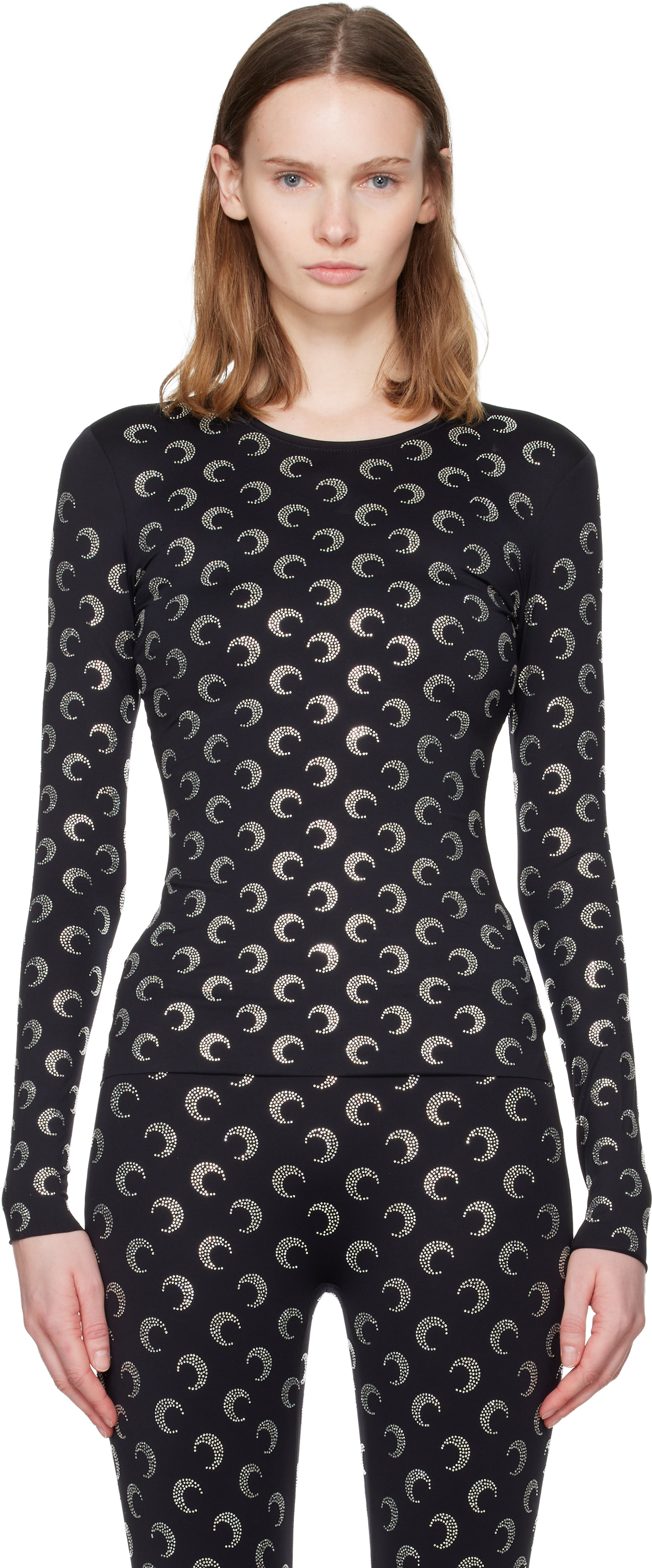 Marine Serre Black Recycled Moon Strass Second Skin Crewneck T-shirt In Black