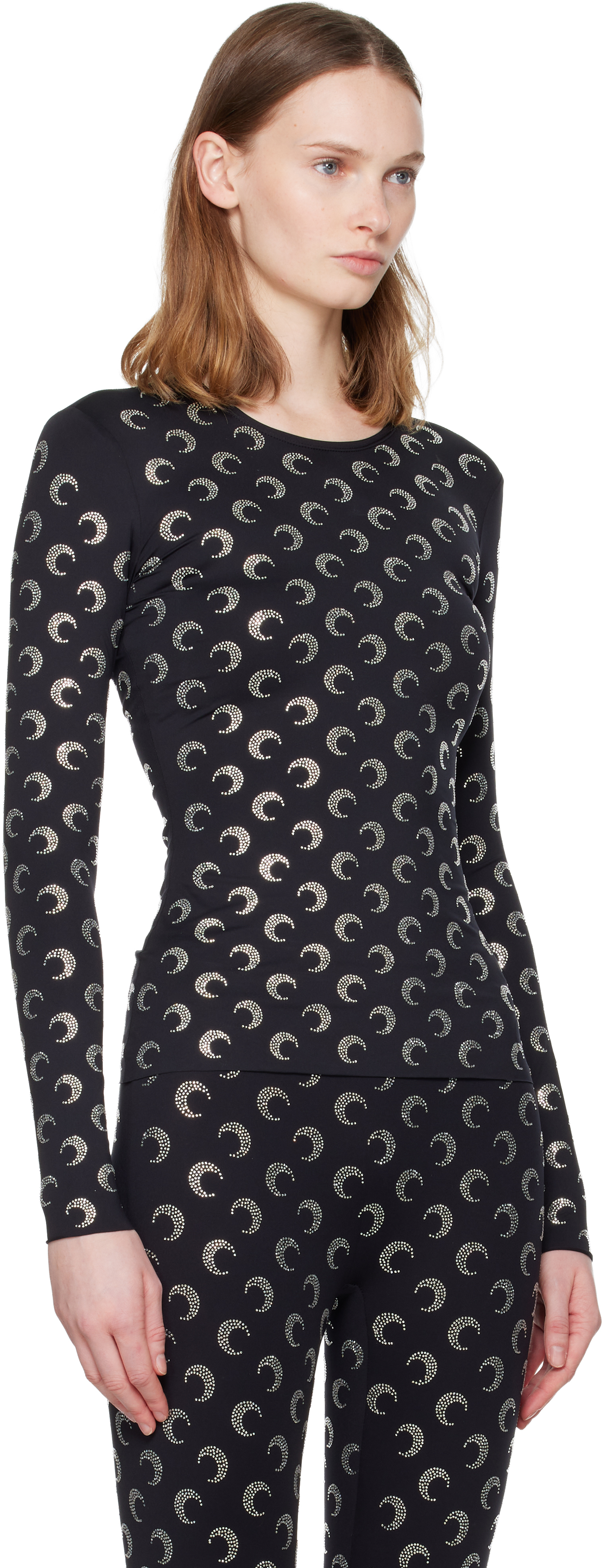Marine Serre Black Recycled Moon Strass Second Skin Crewneck T-shirt In Black