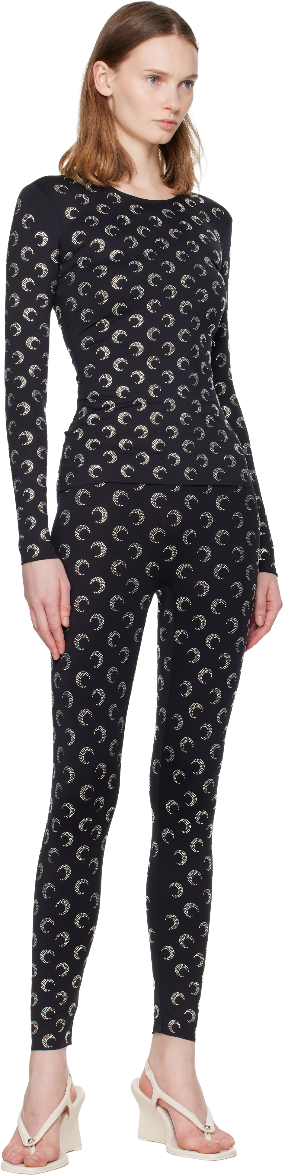 Marine Serre Black Recycled Moon Strass Second Skin Crewneck T-shirt In Black