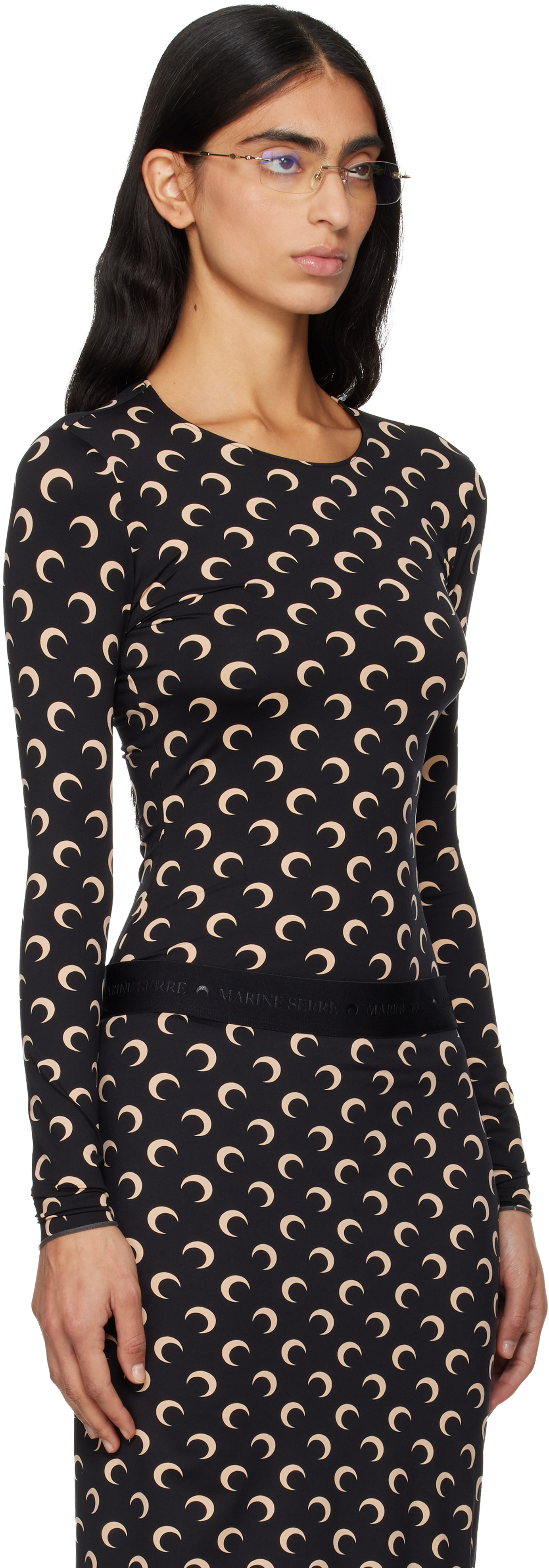 Marine Serre Black Recycled Moon Jersey Second Skin T-shirt In Brown