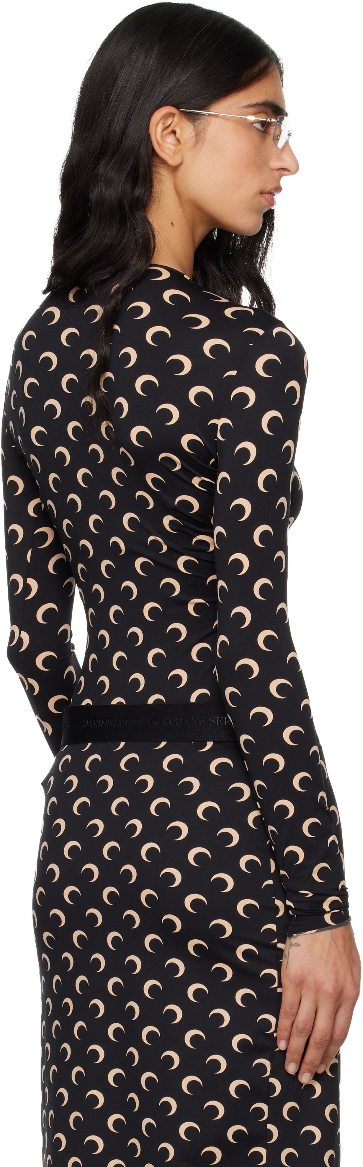 Marine Serre Black Recycled Moon Jersey Second Skin T-shirt In Brown