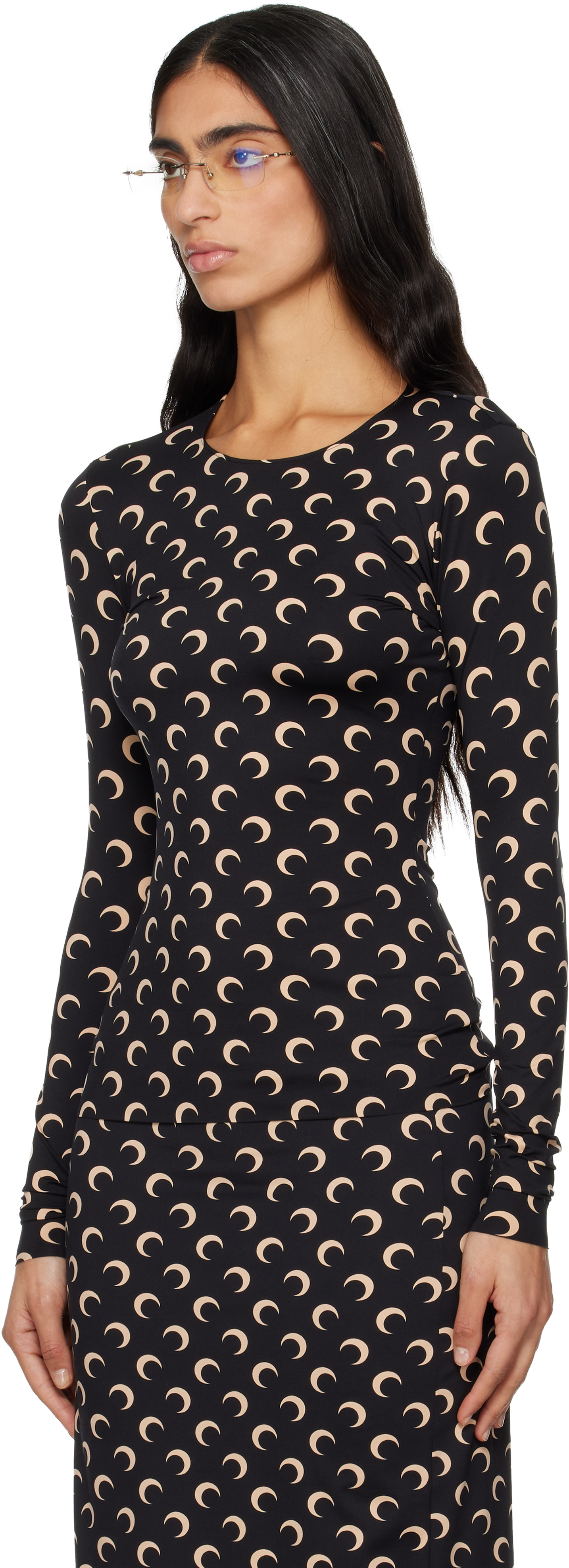 Marine Serre Black Recycled Moon Jersey Second Skin T-shirt In Brown