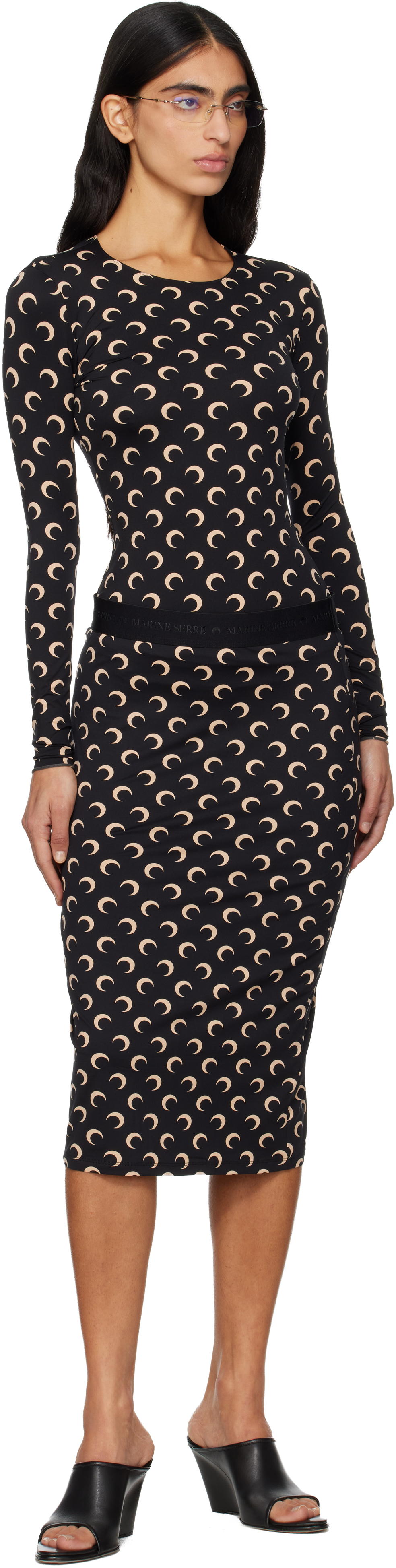 Marine Serre Black Recycled Moon Jersey Second Skin T-shirt In Brown