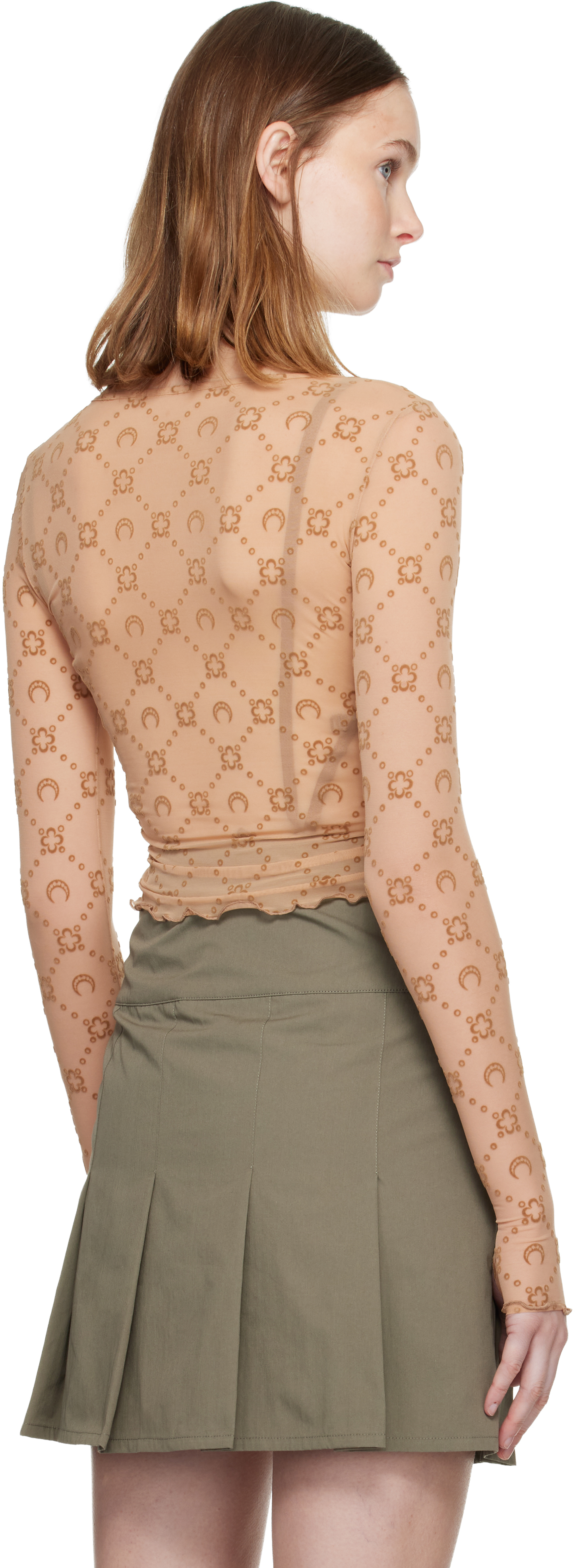 Marine Serre Tan Moonogram Mesh Flock Ls Cropped Top In Nude