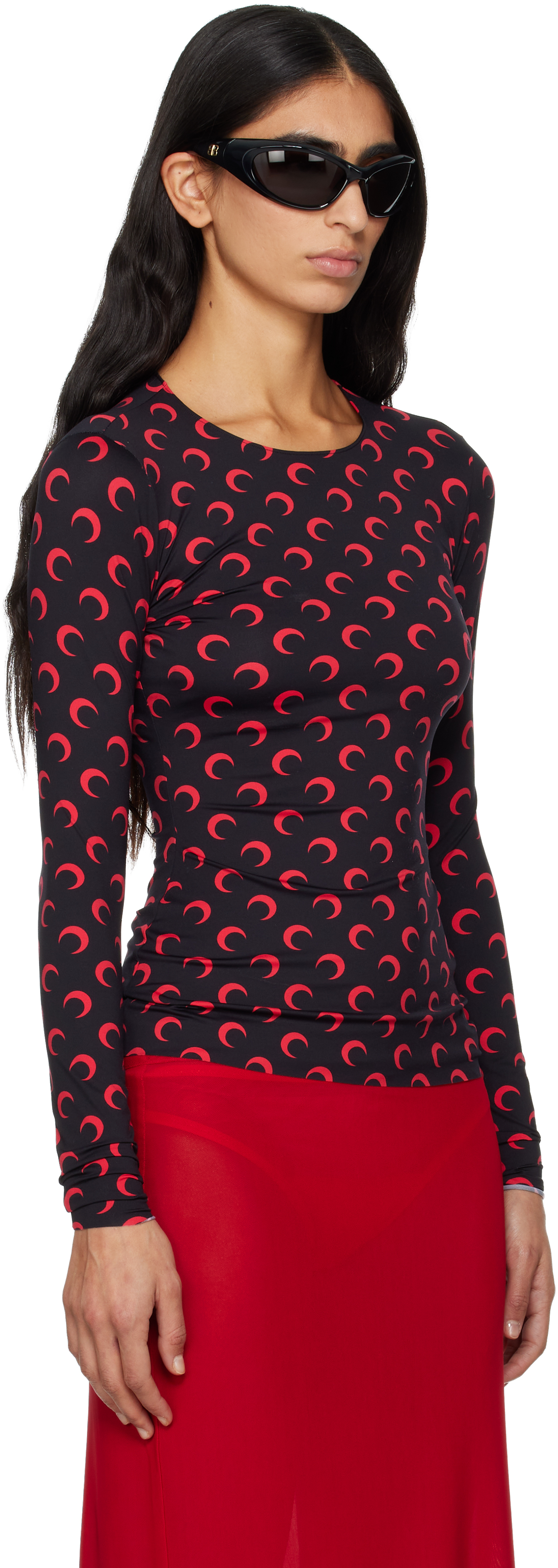 Marine Serre Black Recycled Moon Jersey Second Skin T-shirt In Black